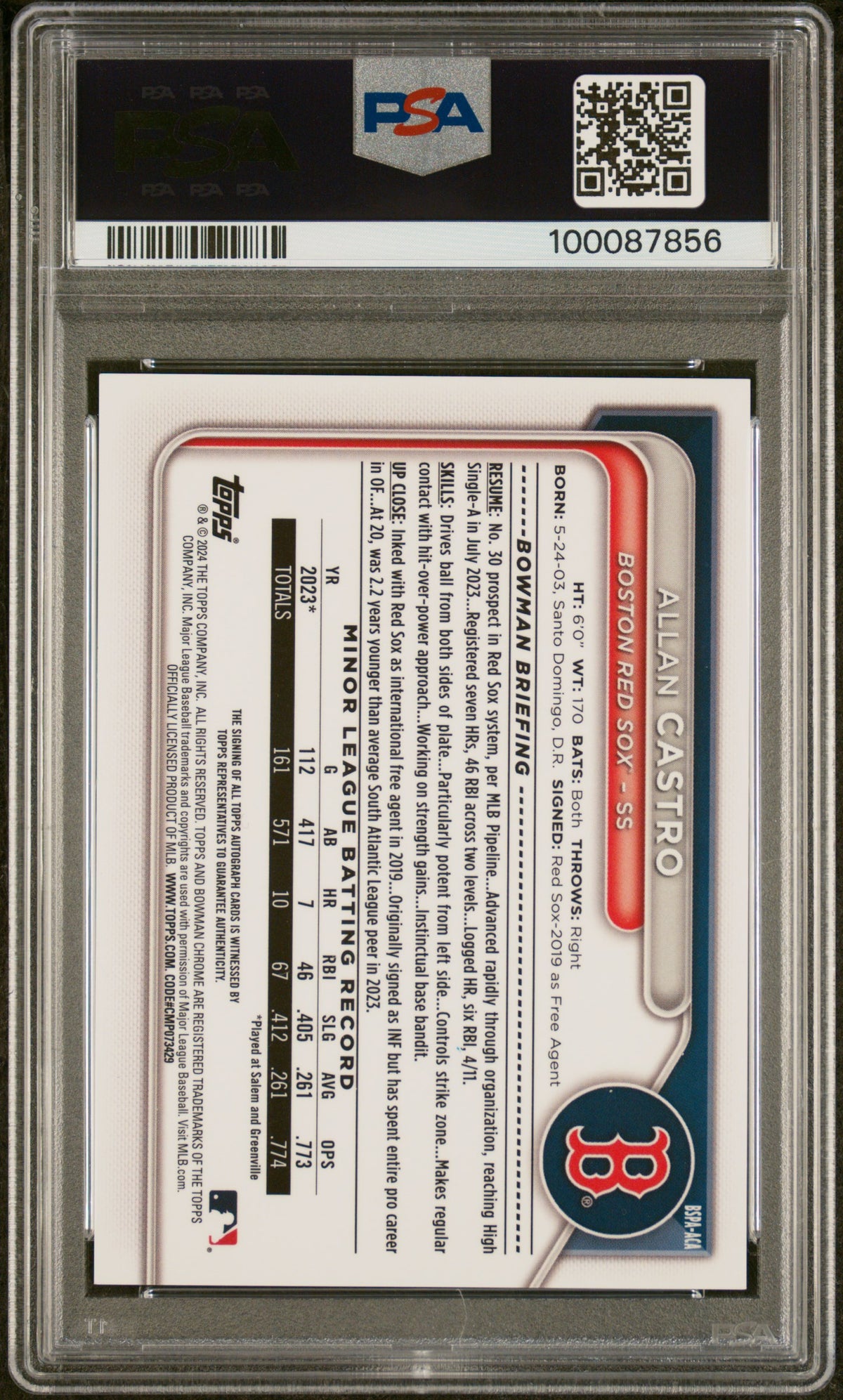 2024 Bowman Sapphire Edition Chrome Prospects Sapphire Auto Allan Castro PSA 9
