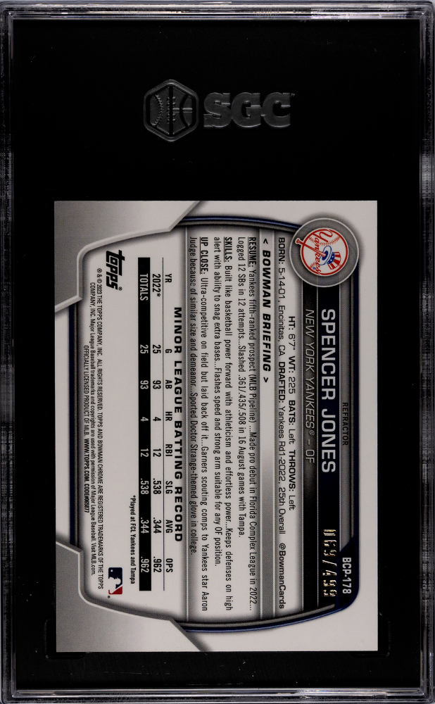 2023 Bowman Chrome Spencer Jones #BCP-178 Pros. Refractor SGC 10