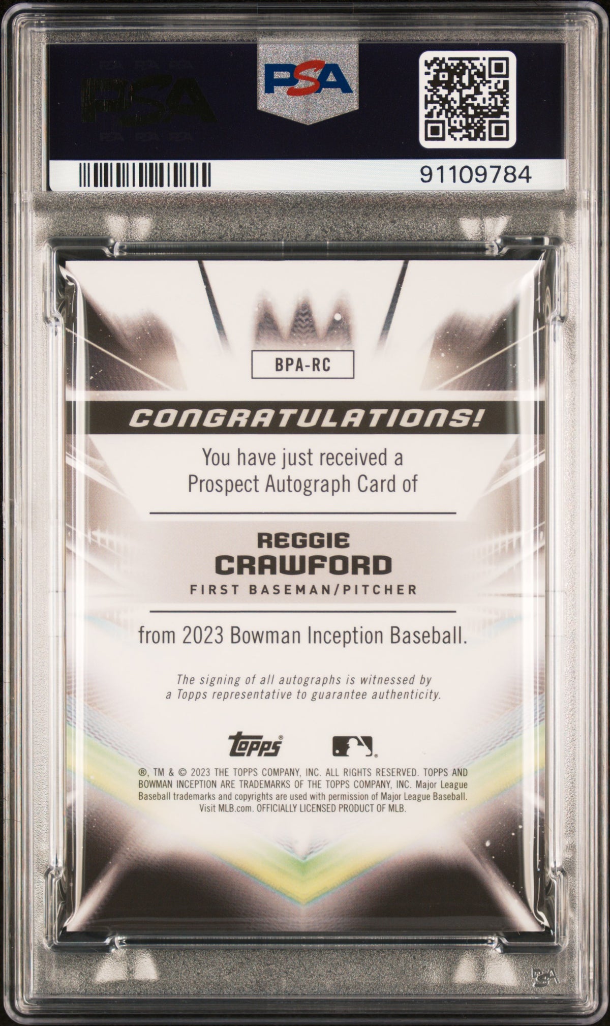 2023 Bowman Inception Auto Reggie Crawford #BPARC Gold Foil Electricity/50 PSA 9