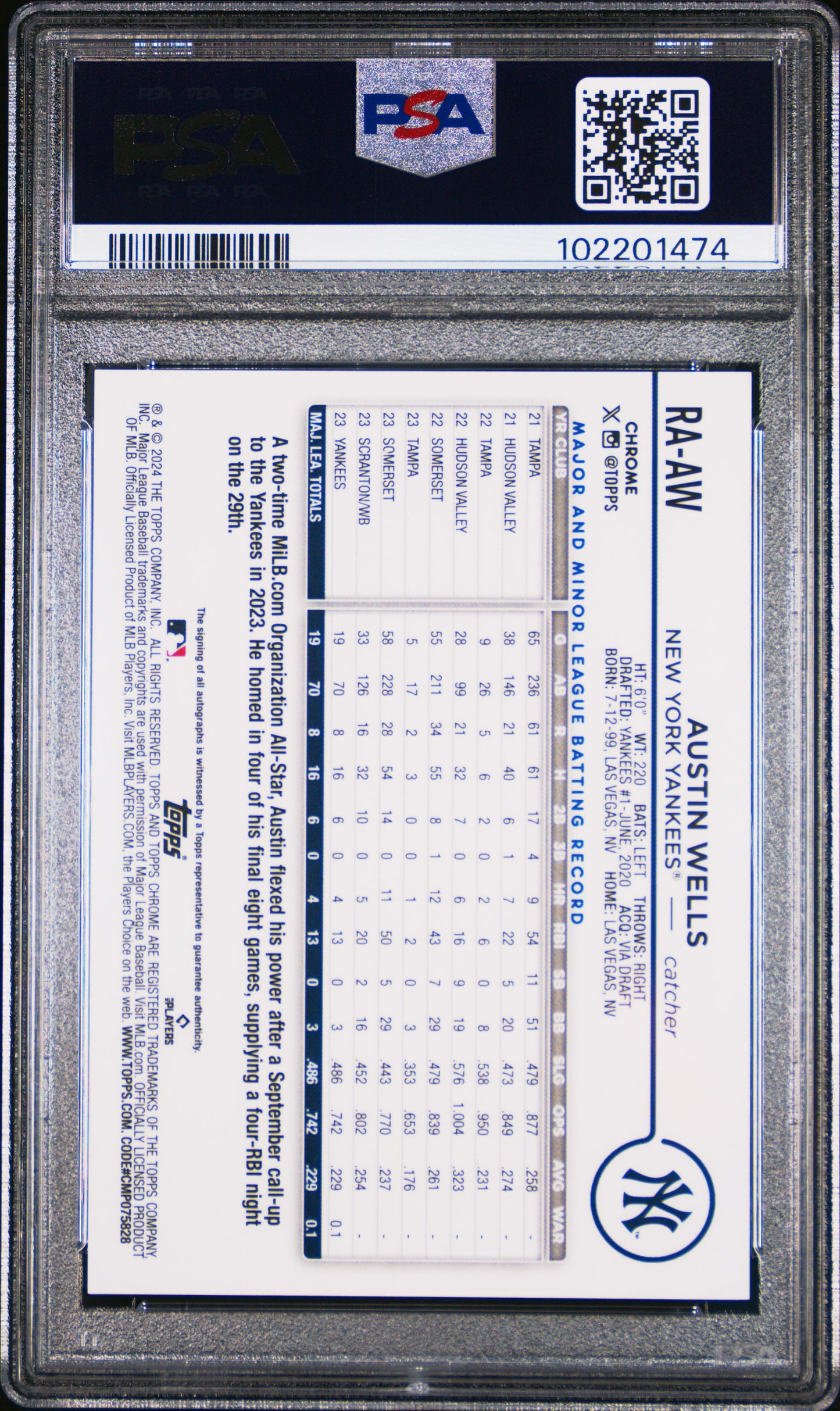 2024 Topps Chrome Rookie Autographs Austin Wells #RAAW PSA 10