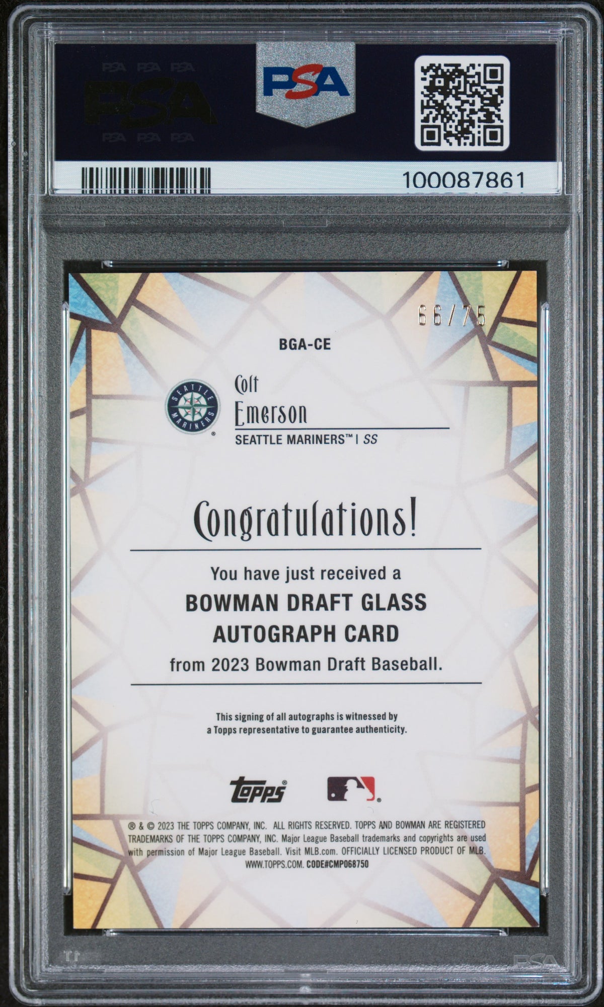 2023 Bowman Draft Bowman Glass Autograph Colt Emerson #BGACE Lava Ref PSA 9