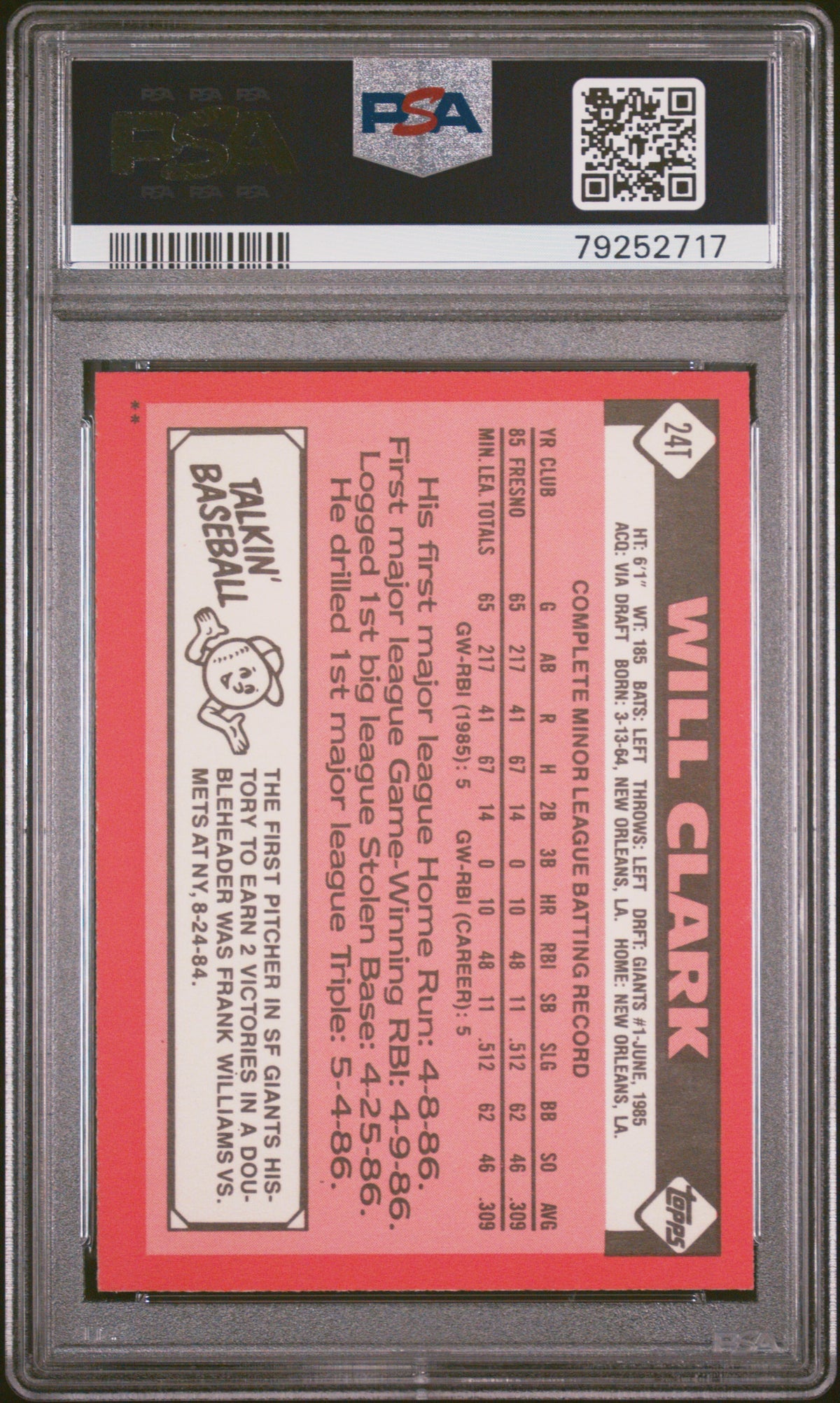1986 Topps Traded Will Clark #24T PSA 9