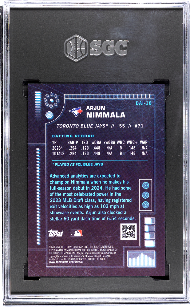 2024 Bowman Arjun Nimmala #BAI-18 A. I. Orange Refractor SGC 10