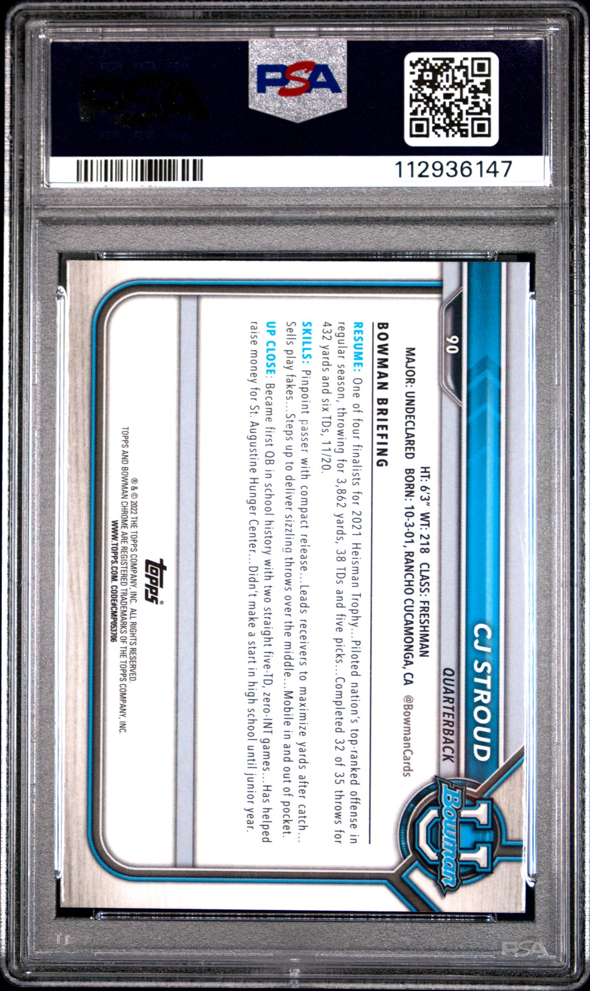 2021 Bowman University Chrome CJ Stroud #90 CHR. Prospects Pink PSA 10