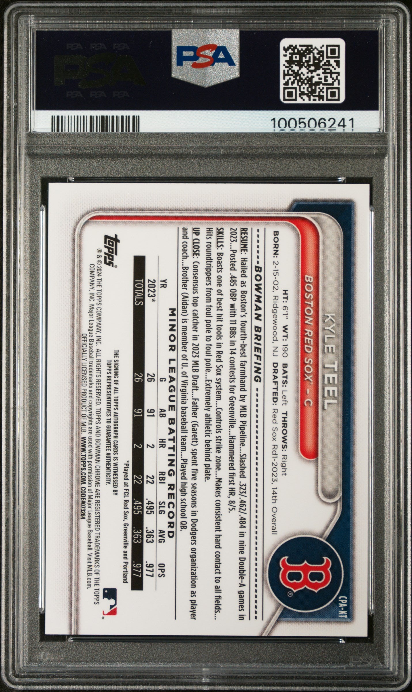2024 Bowman Chrome Prospect Auto Kyle Teel #CPAKT  Blu Lunar Ref 018/150 PSA 10