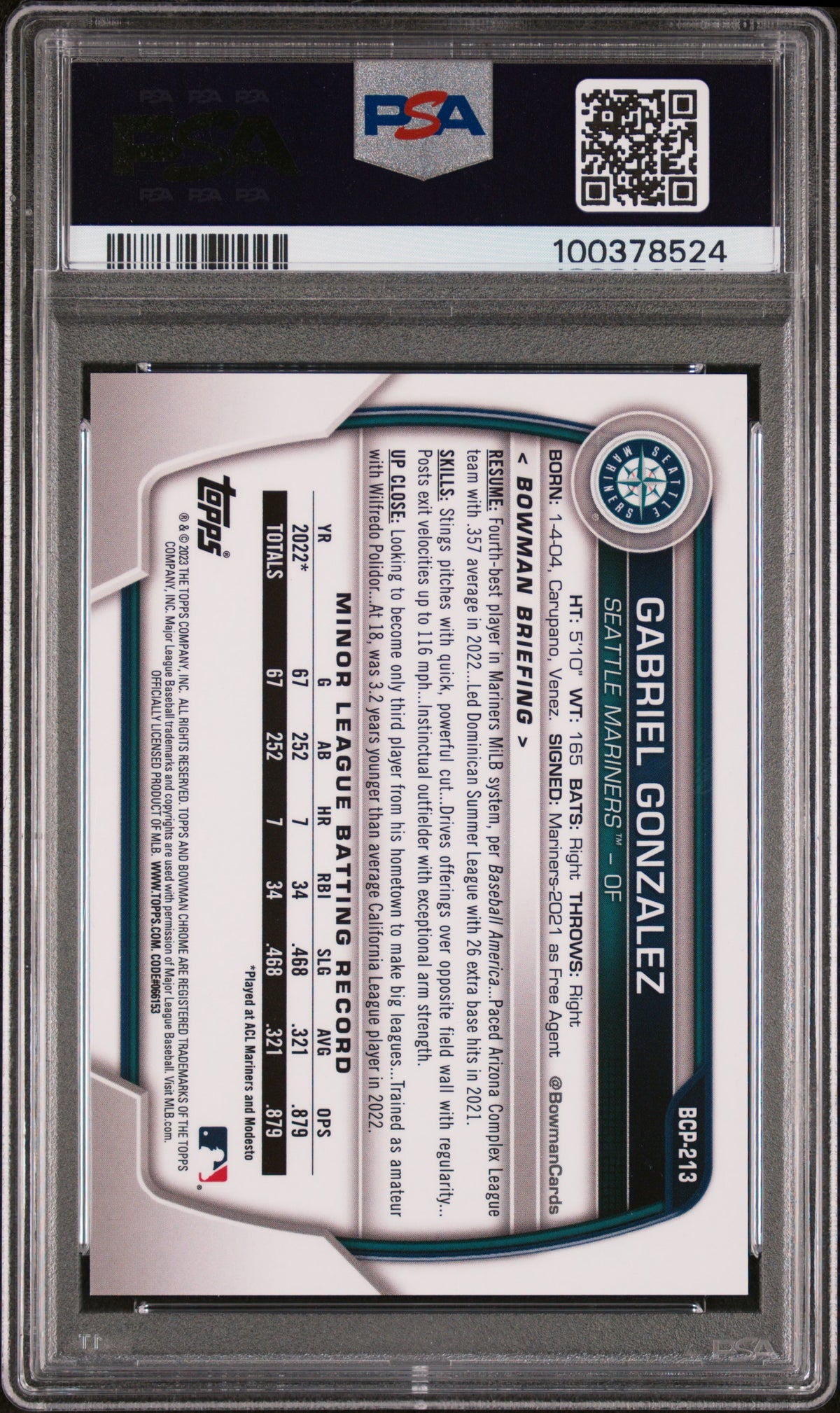 2023 Bowman Chrome Sapphire Prospects Gabriel Gonzalez #213 Aqua /99 PSA 9