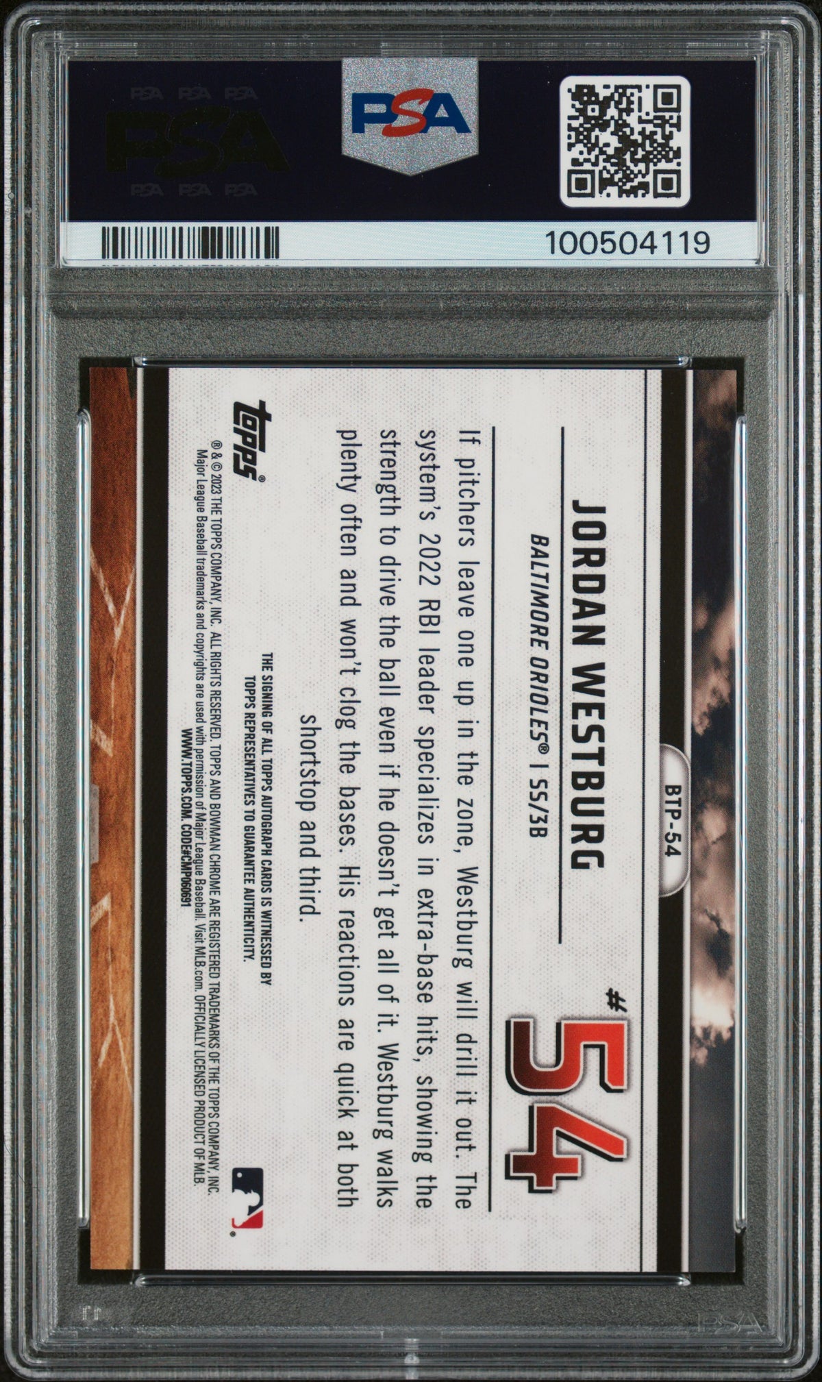 2023 Bowman Scouts' Top 100 Jordan Westburg #BTP54 Au Gold Ref /50 PSA 9