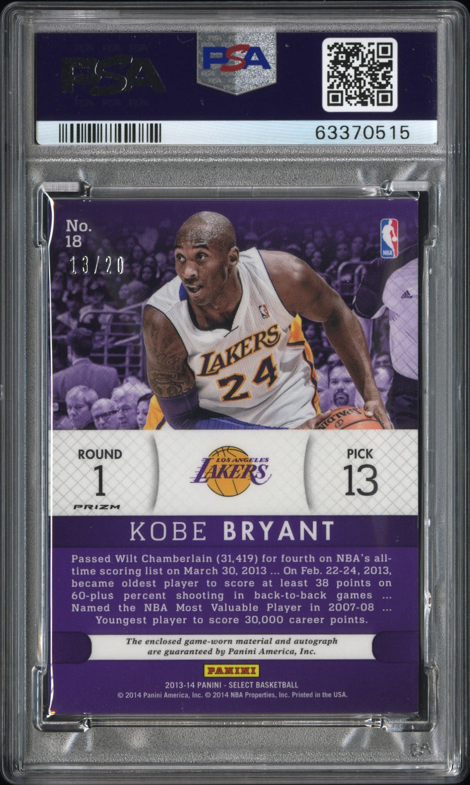 2013 Panini Select Jerseys Kobe Bryant #18 SL. JS. Au Blu. PR. PSA A Auto A