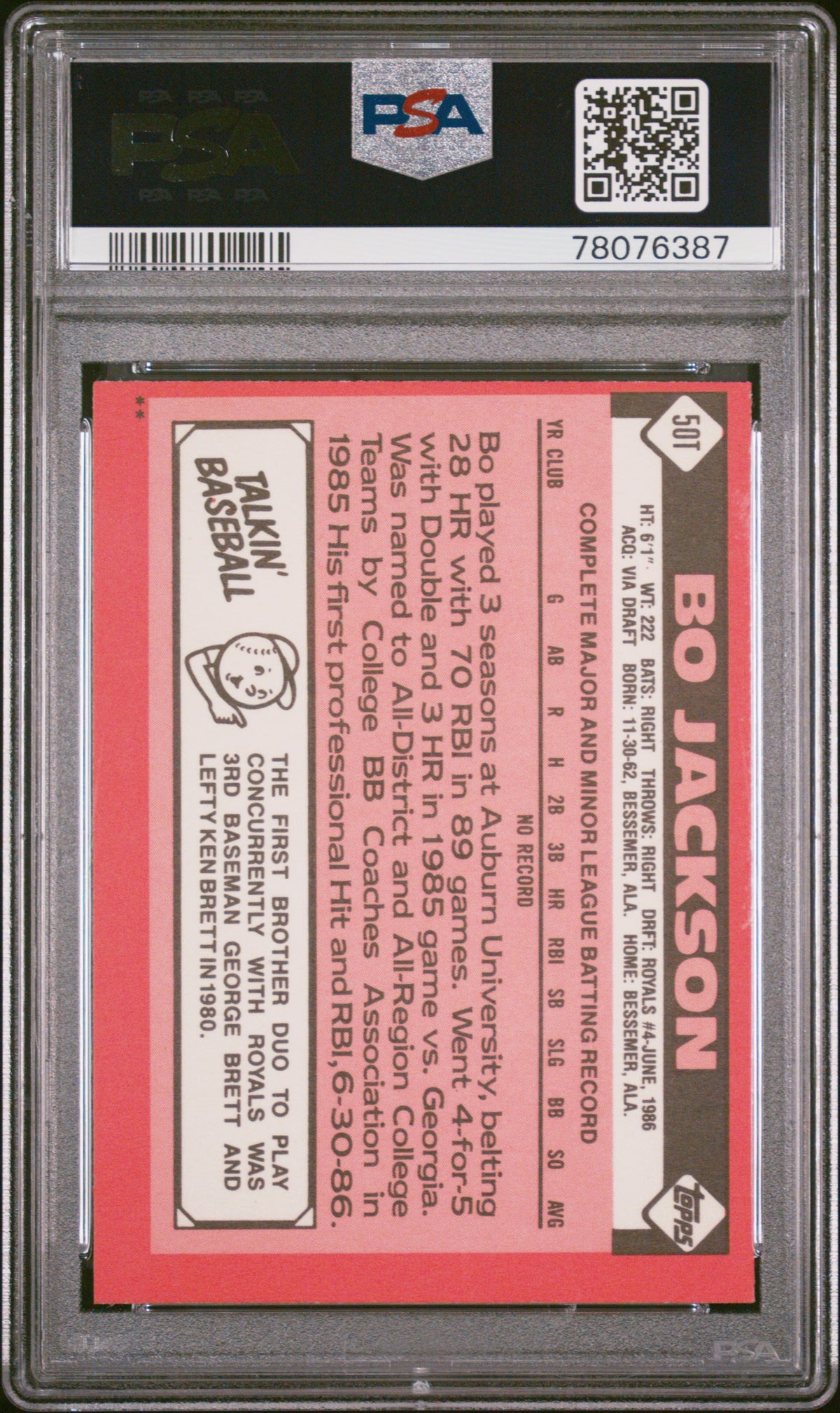 1986 Topps Traded Bo Jackson #50T PSA 6