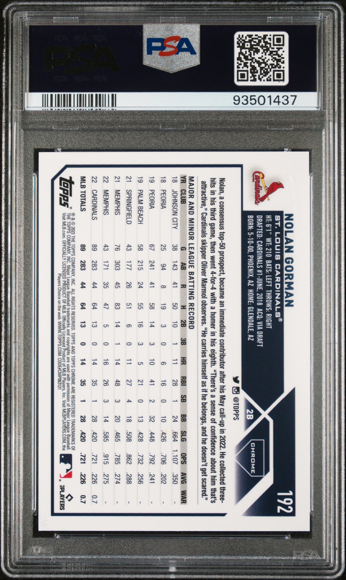 2023 Topps Chrome Nolan Gorman #192 Green Refractor 38/99 PSA 10