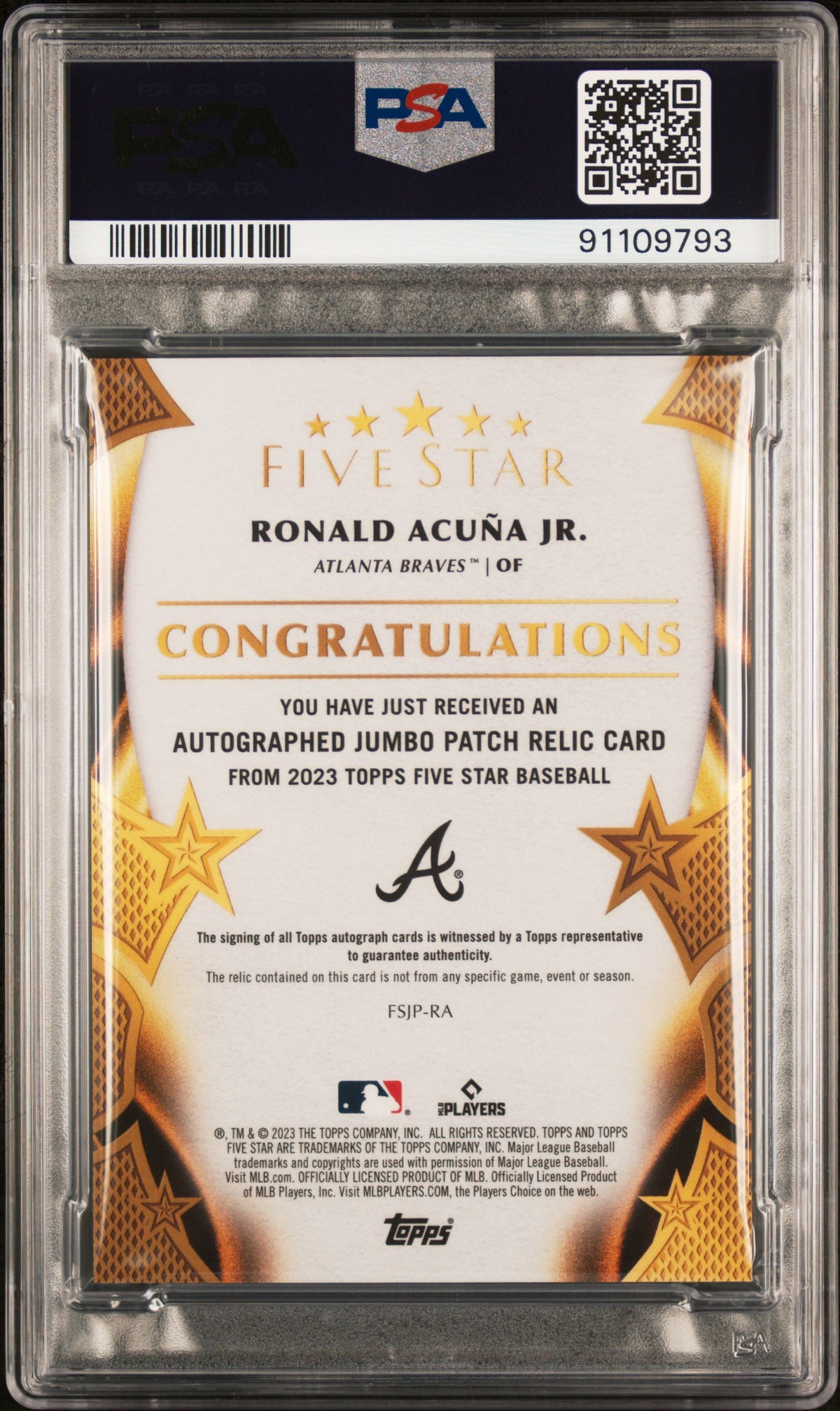 2023 Topps Five Star Auto  Prime Relics Ronald Acuna JR. #FSJPRA 14/25 PSA 10
