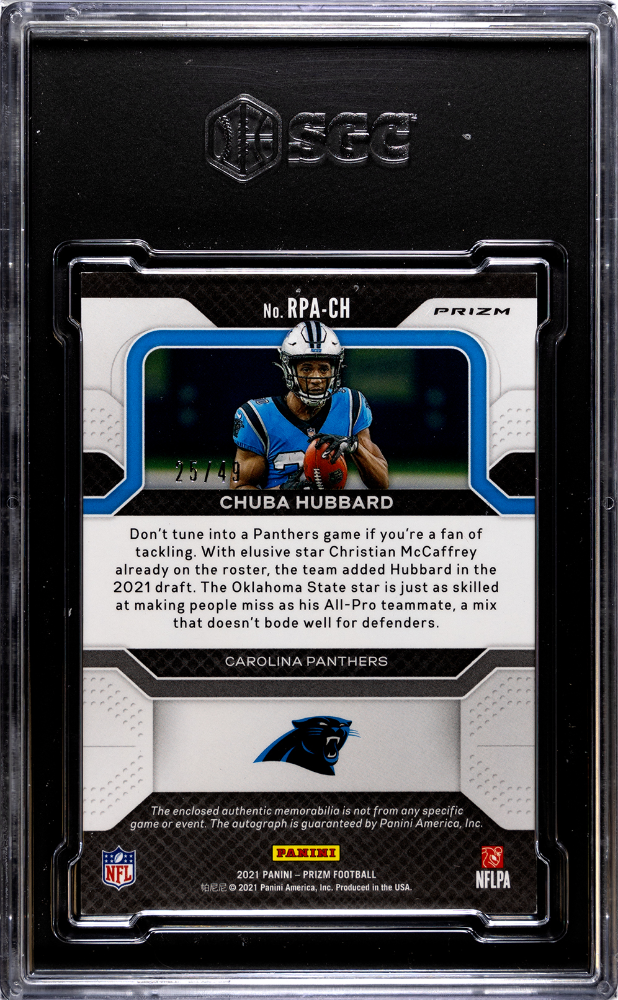 2021 Panini Prizm Chuba Hubbard #RPA-CH Rookie Patch Purple Power SGC 8.5
