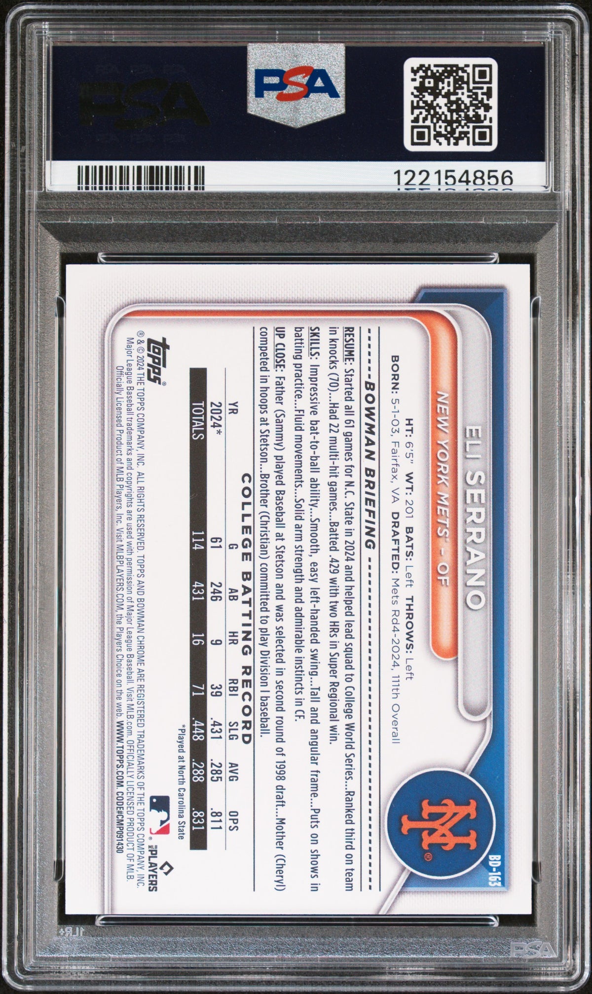 2024 Bowman Draft Eli Serrano #BD163 Orange 05/25 PSA 8