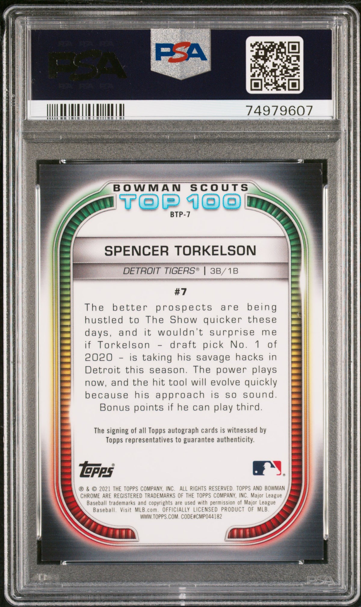 2021 Bowman Chrome Scouts' Top 100 Spencer Torkelson #7 Au. 43/50 PSA 9