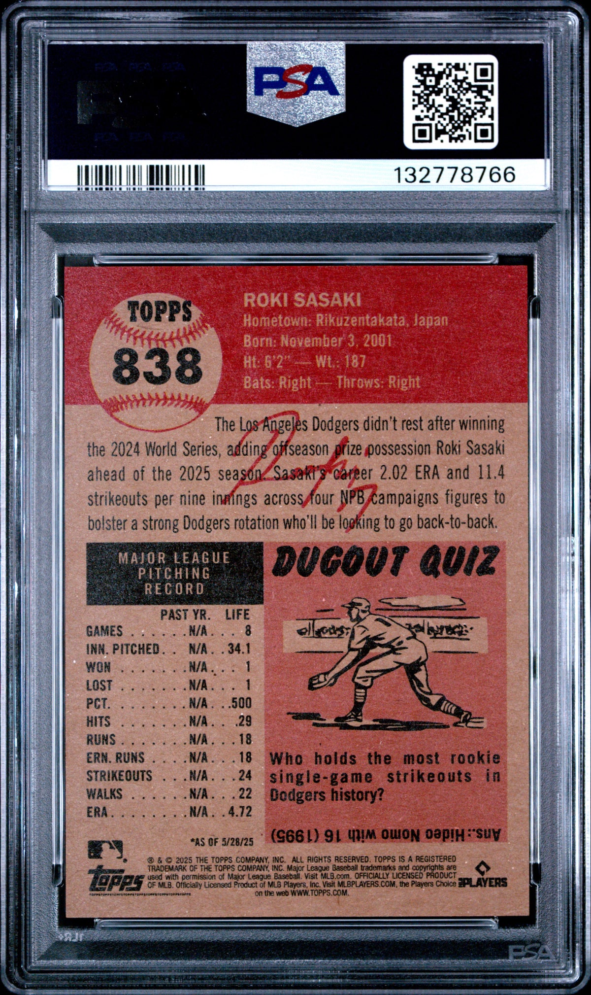 2025 Topps Living Roki Sasaki #838 PSA 9