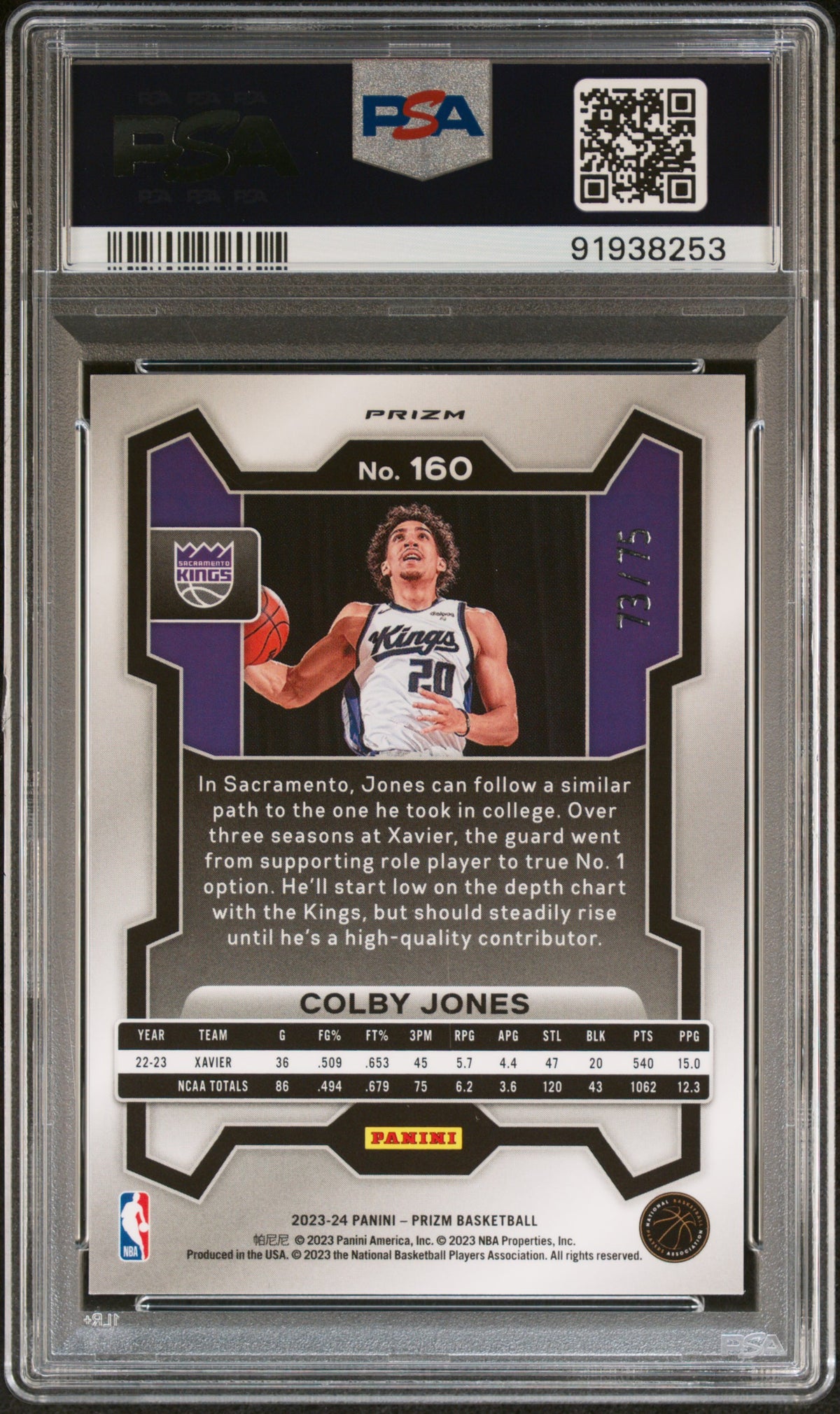 2023 Panini Prizm Colby Jones #160 Purple Fast Break PSA 9