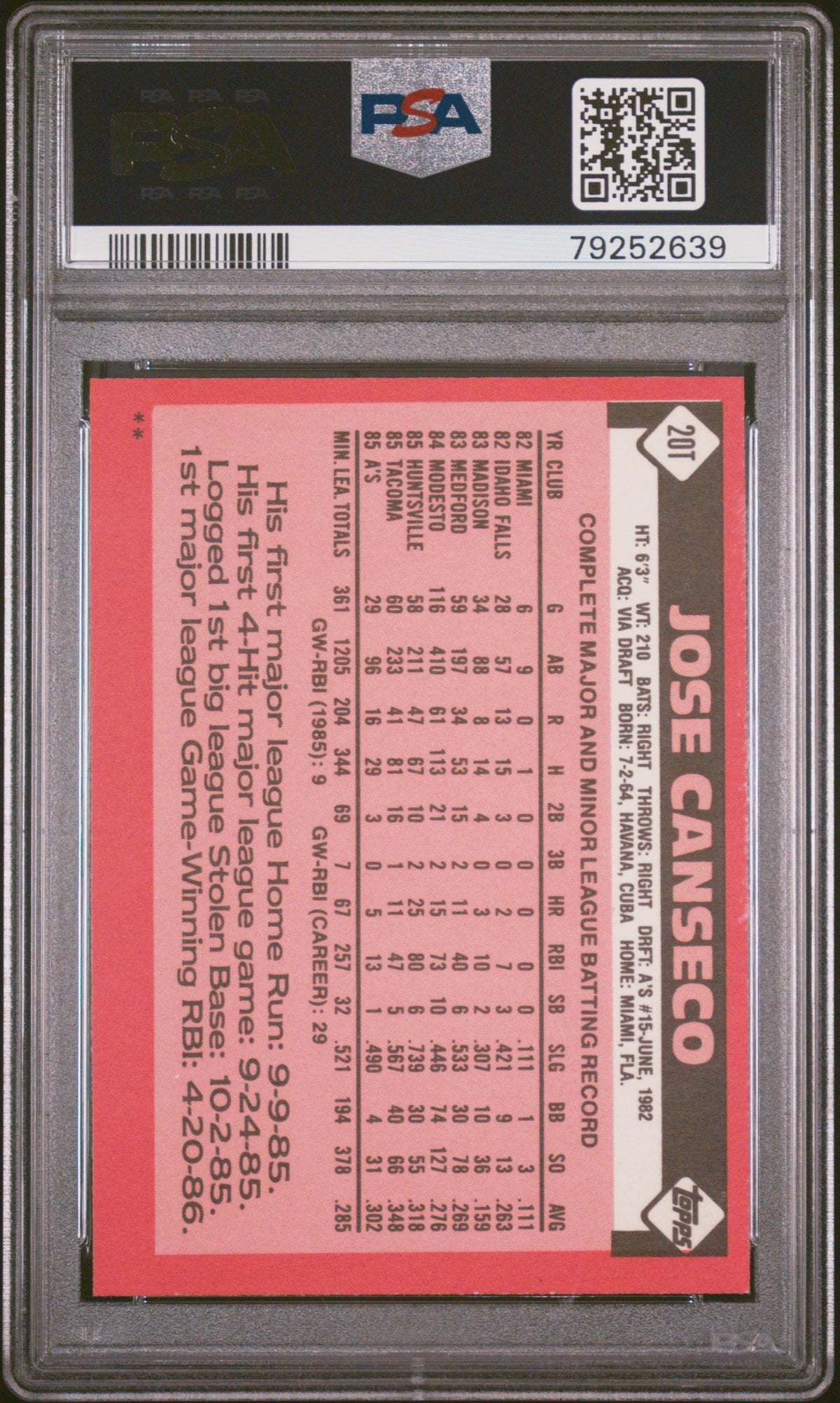 1986 Topps Traded Jose Canseco #20T PSA 9