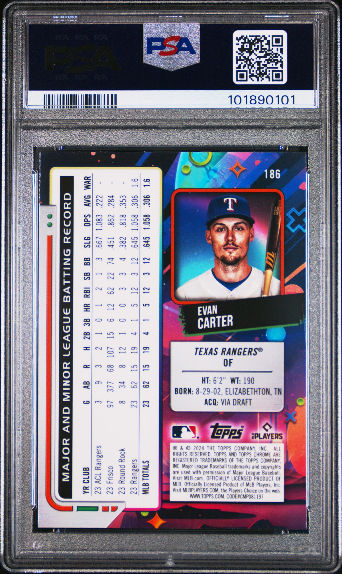 2024 Topps Chrome Cosmic Evan Carter #186 Aqua Equinox Refractor 088/199 PSA 9