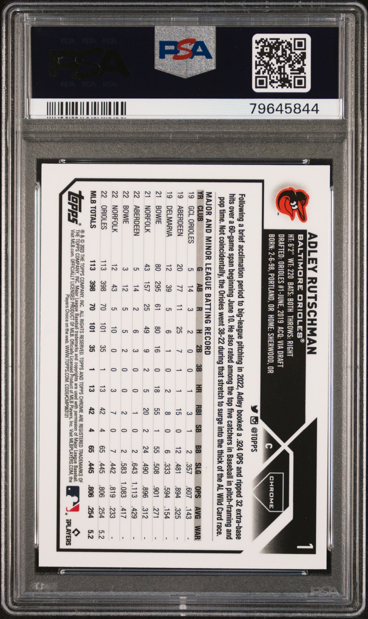 2023 Topps Chrome Adley Rutschman #1 Gold Wave Refractor 20/50 PSA 10
