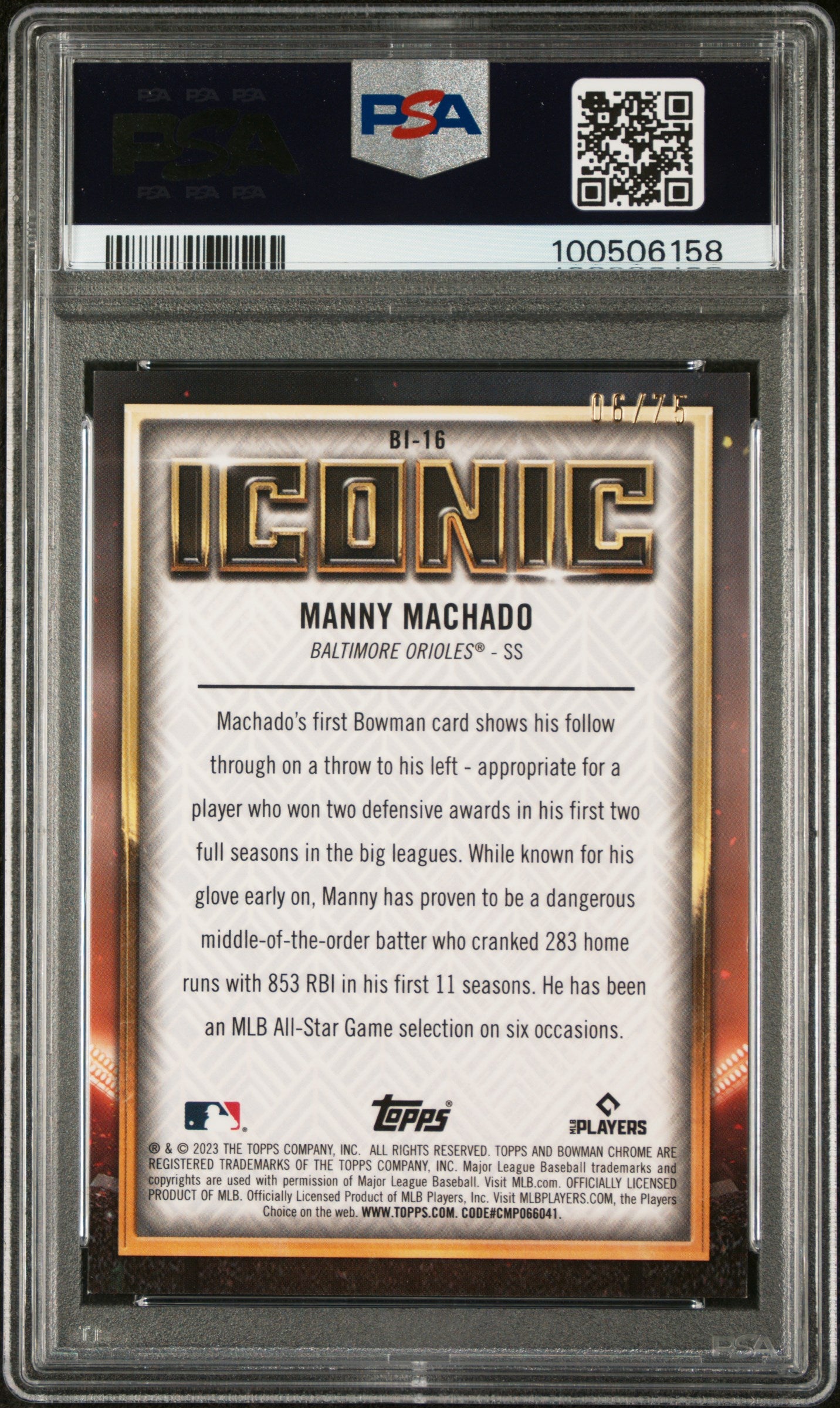 2023 Bowman Chrome Mega Box Iconic Manny Machado  Yellow Refractor PSA 9 /75