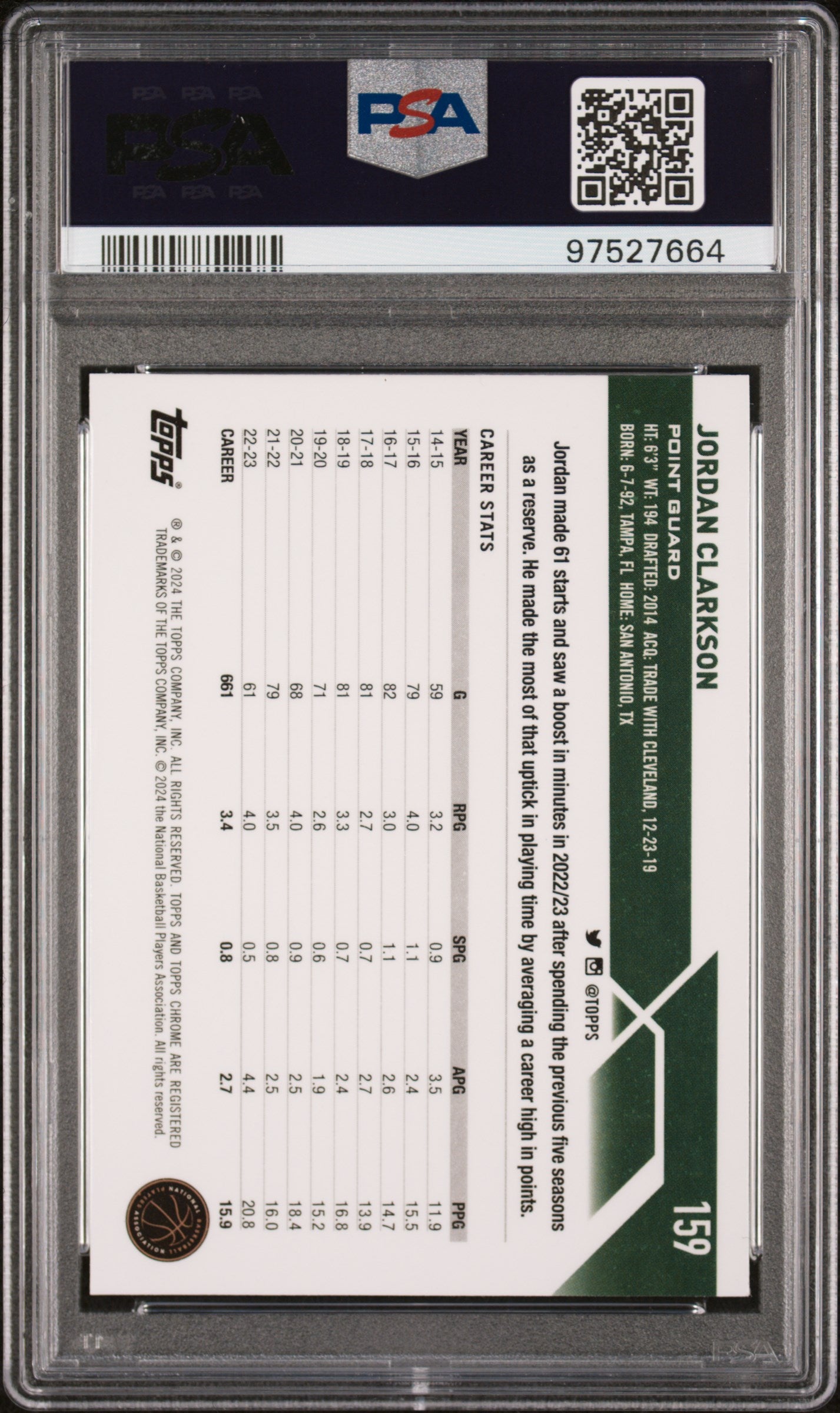2023 Topps Chrome Jordan Clarkson #159 Purple Refractor 250/349 PSA 9