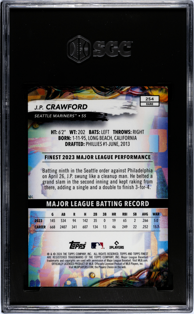 2024 Topps Finest JP Crawford #254 Orange Refractor SGC 10
