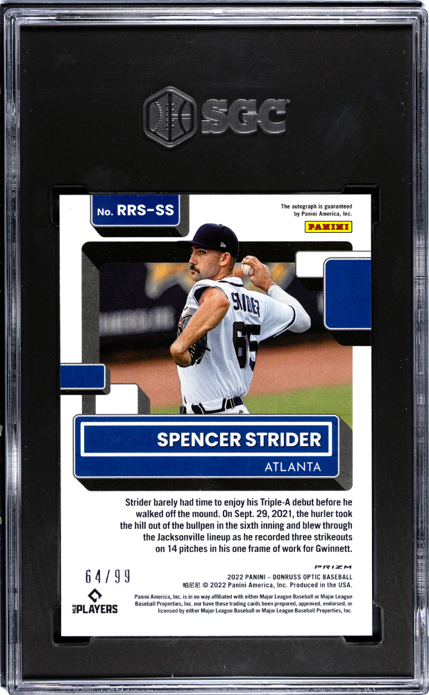 2022 Donruss Spencer Strider #RRS-SS Rated Rookie Sigs. White Prizm SGC Auto 10
