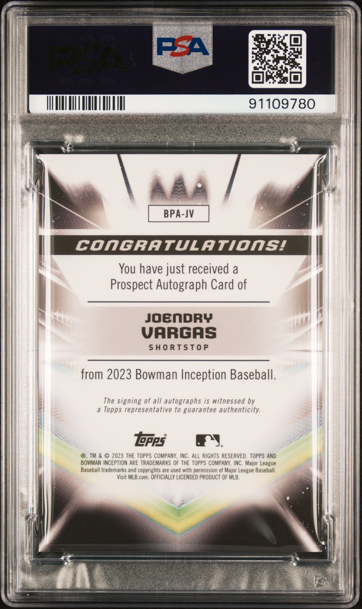 2023 Bowman Inception Autographs Joendry Vargas #BPAJV Blue Foil 52/99 PSA 9