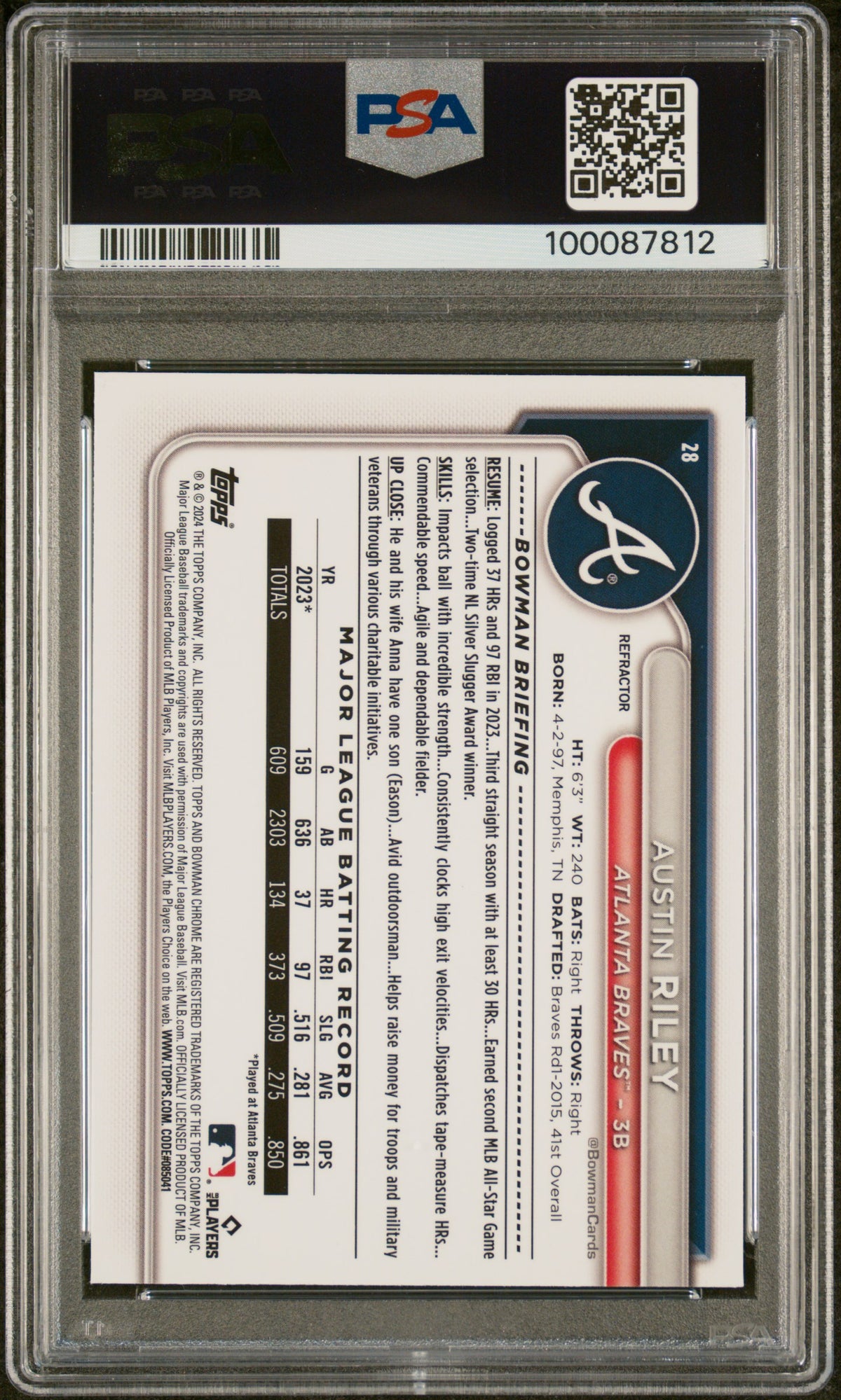 2024 Bowman Chrome Austin Riley #28 Refractor PSA 10 /499