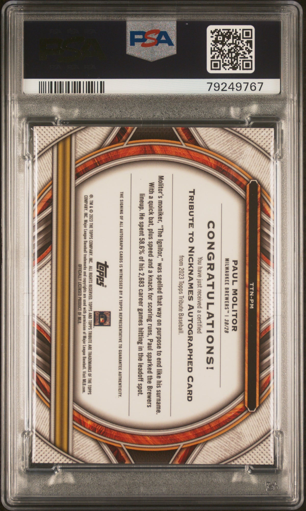 2023 Topps Tribute Tribute To Nicknames Auto Paul Molitor #TTNPM PSA 9