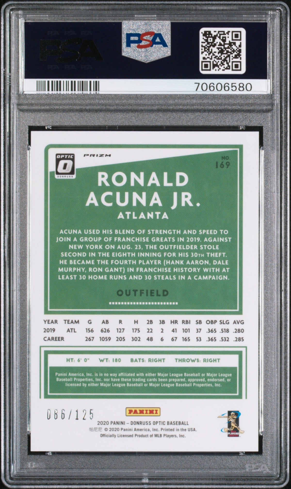 2020 Panini Donruss Optic Ronald Acuna JR. #169 Black Stars PSA 10