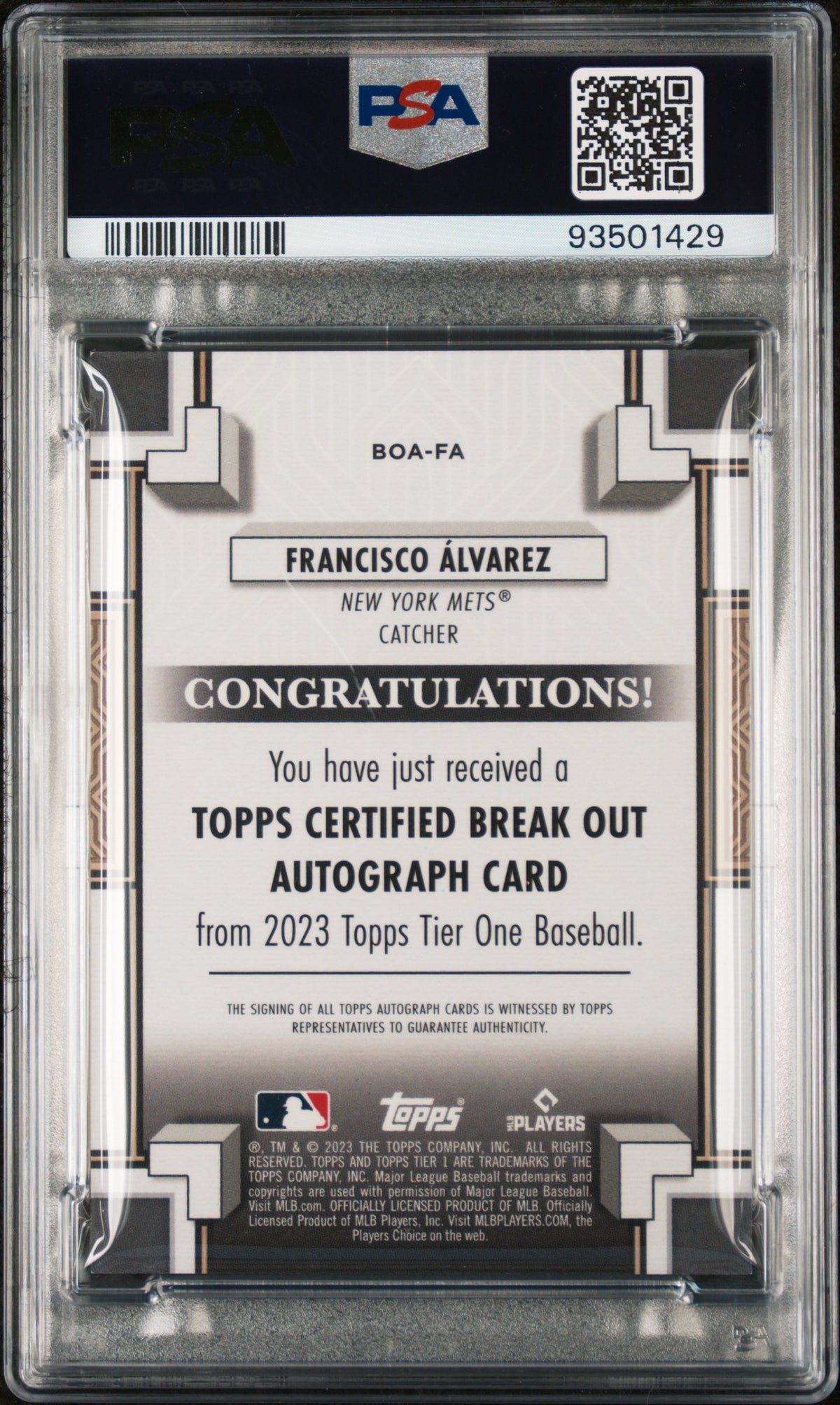 2023 Topps Tier One Break Out Autographs Francisco Alvarez #BOAFA 152/249 PSA 9