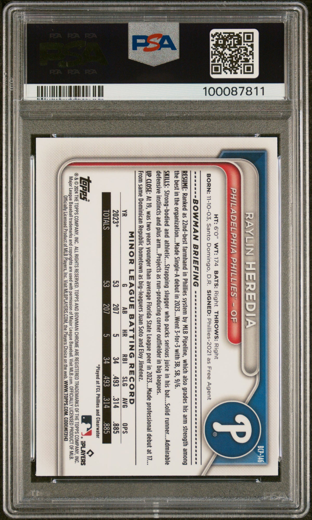 2024 Bowman Chrome Prospects Raylin Heredia #BCP146 Prspcts Lunar Glow Ref PSA 9