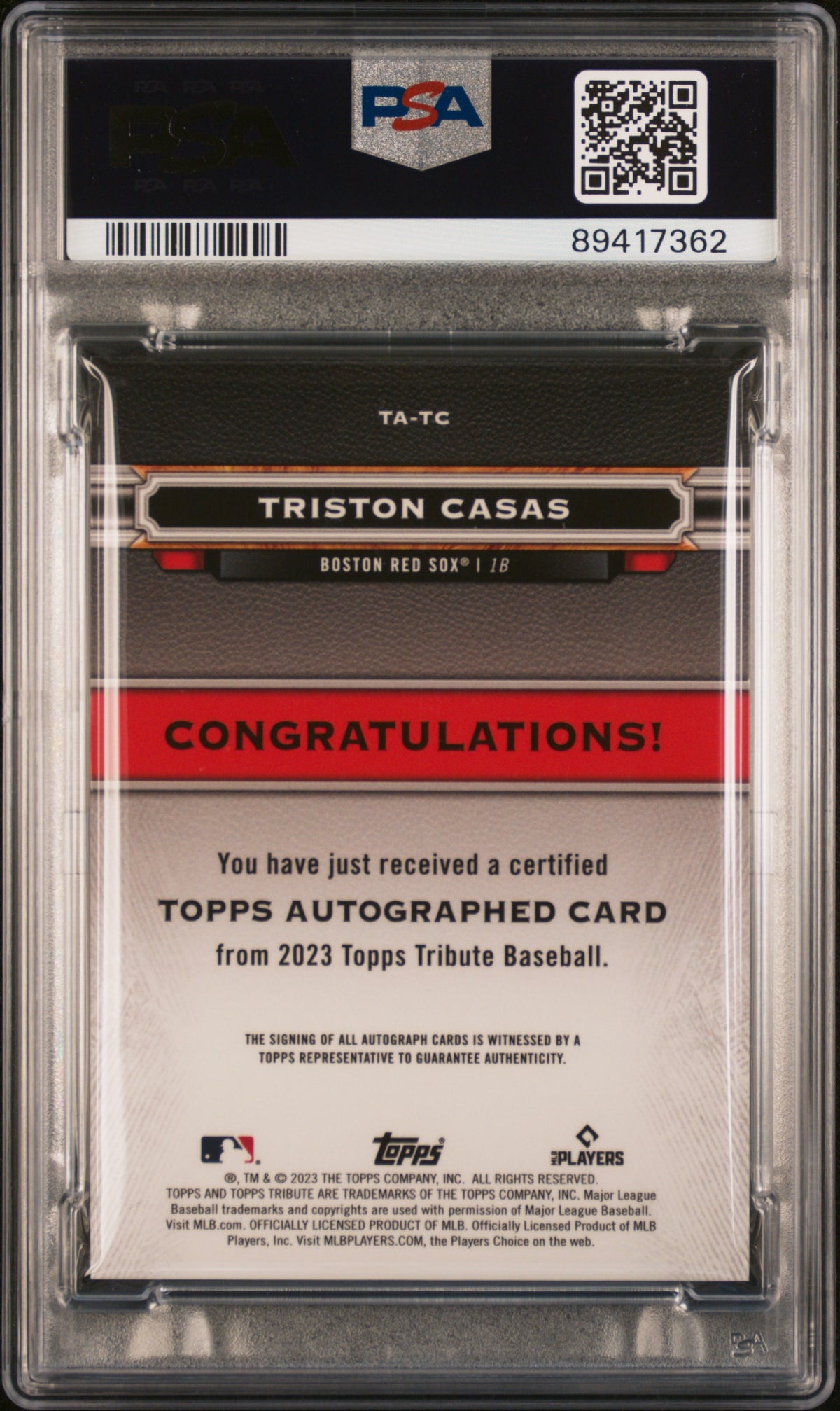 2023 Topps Tribute Tribute Autograph Triston Casas #TATC Blue 102/150 PSA 9
