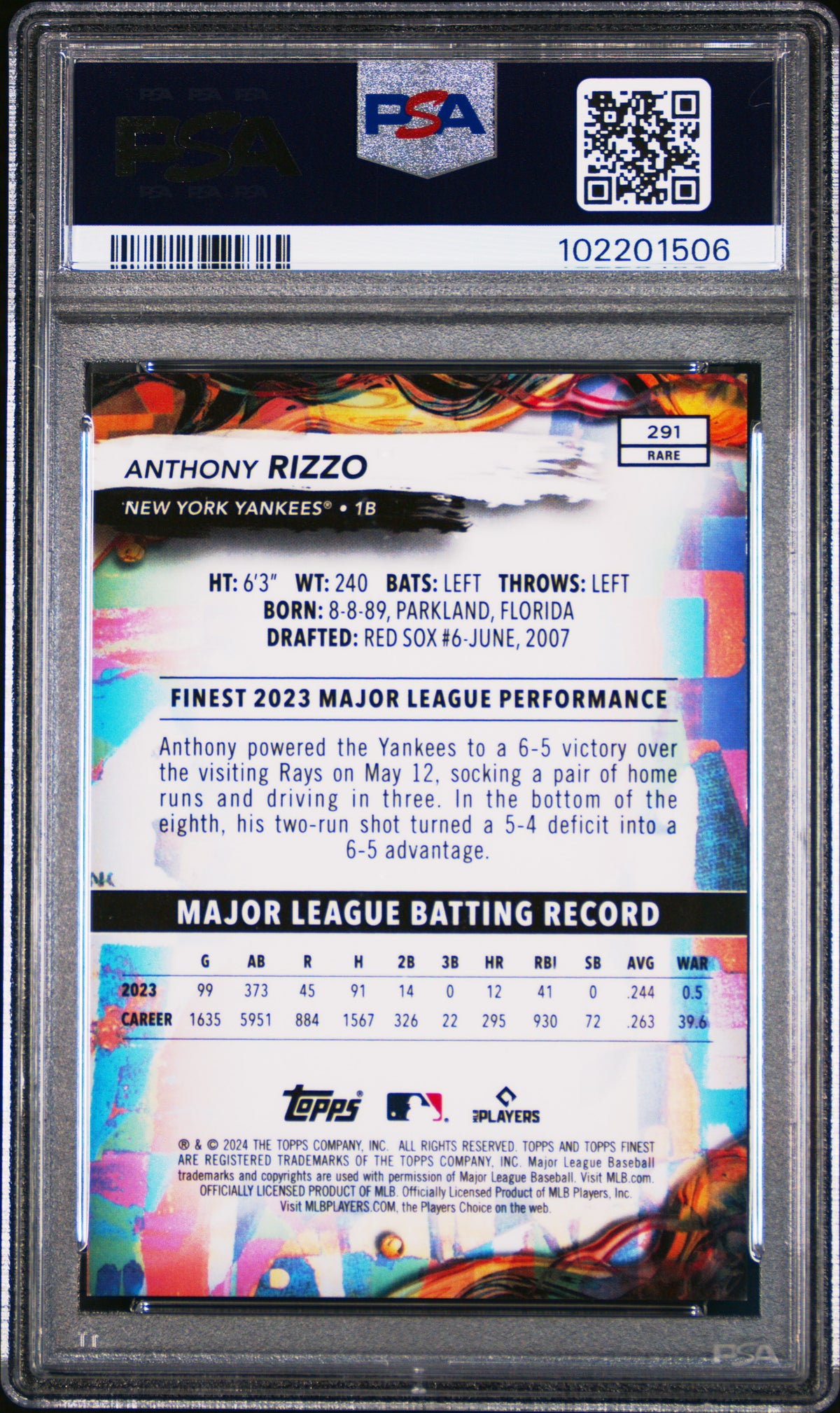 2024 Topps Finest Anthony Rizzo #291 Purple Refractor /125 PSA 10