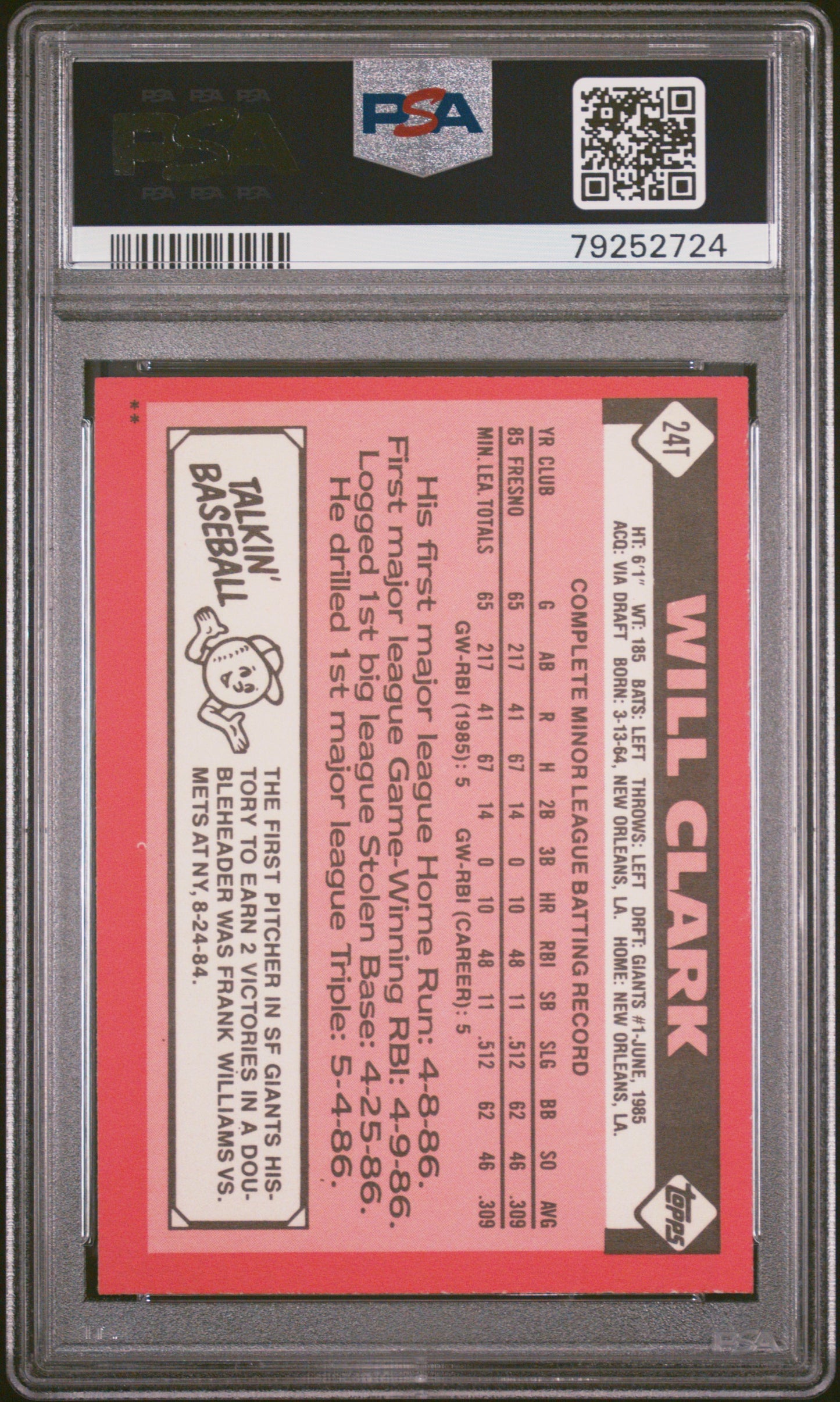 1986 Topps Traded Will Clark #24T PSA 8