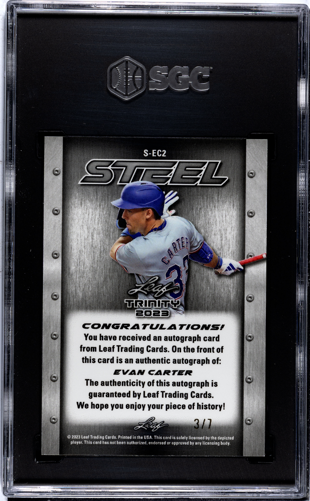 2023 Leaf Trinity Evan Carter #S-EC2 Lutetium Steel Blue Crystal SGC 8 Auto 10