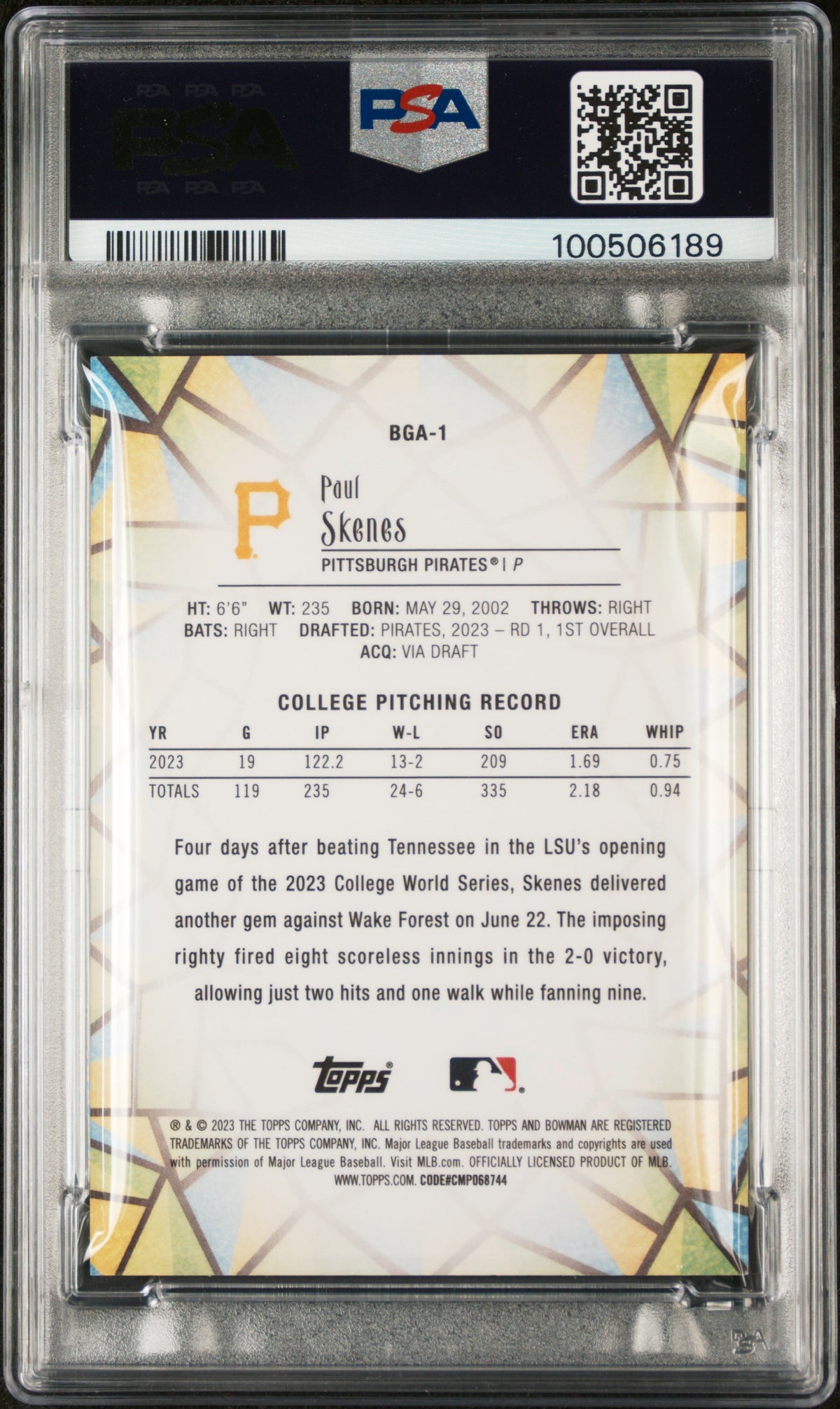 2023 Bowman Draft Bowman Glass Paul Skenes #BGA1 PSA 9