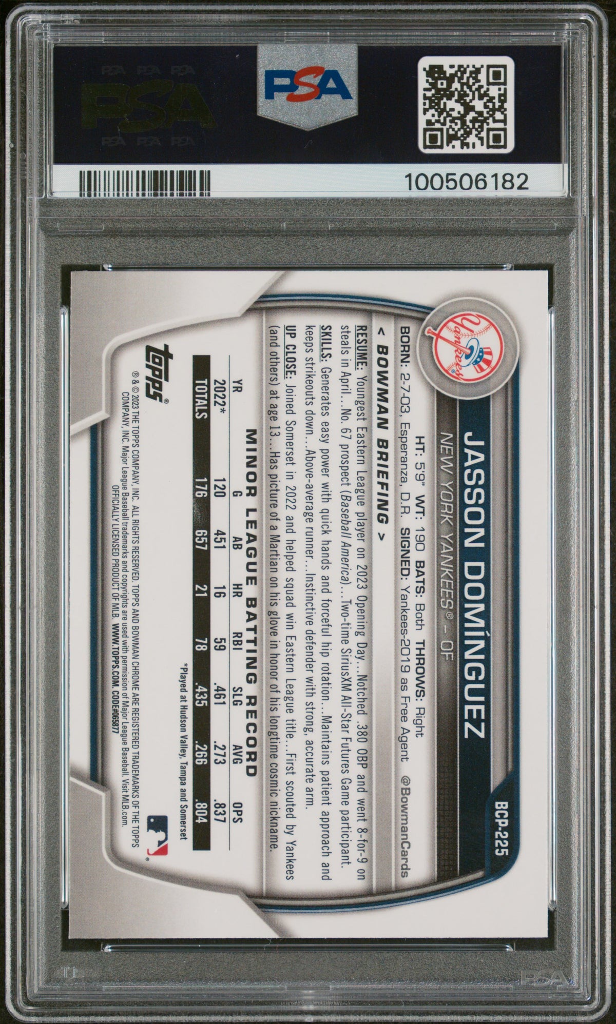 2023 Bowman Chrome Prospects Jasson Dominguez #BCP225 Shimmer Ref PSA 8