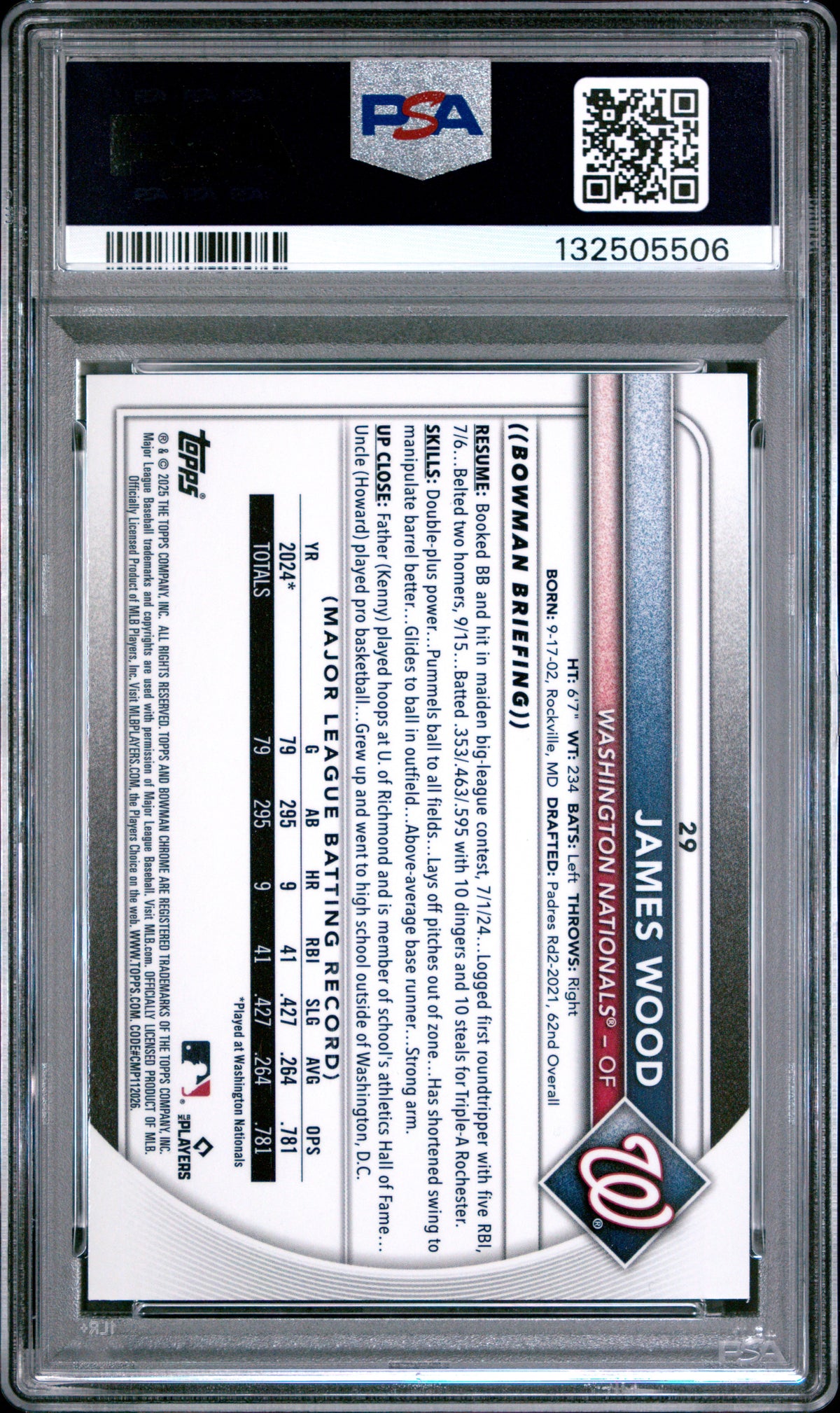 2025 Bowman Chrome James Wood #29 Purple Geometric 198/250 PSA 8