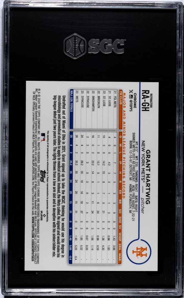 2024 Topps Chrome Grant Hartwig #RA-GH RK. Autograph Refractor SGC 8.5 Auto 10