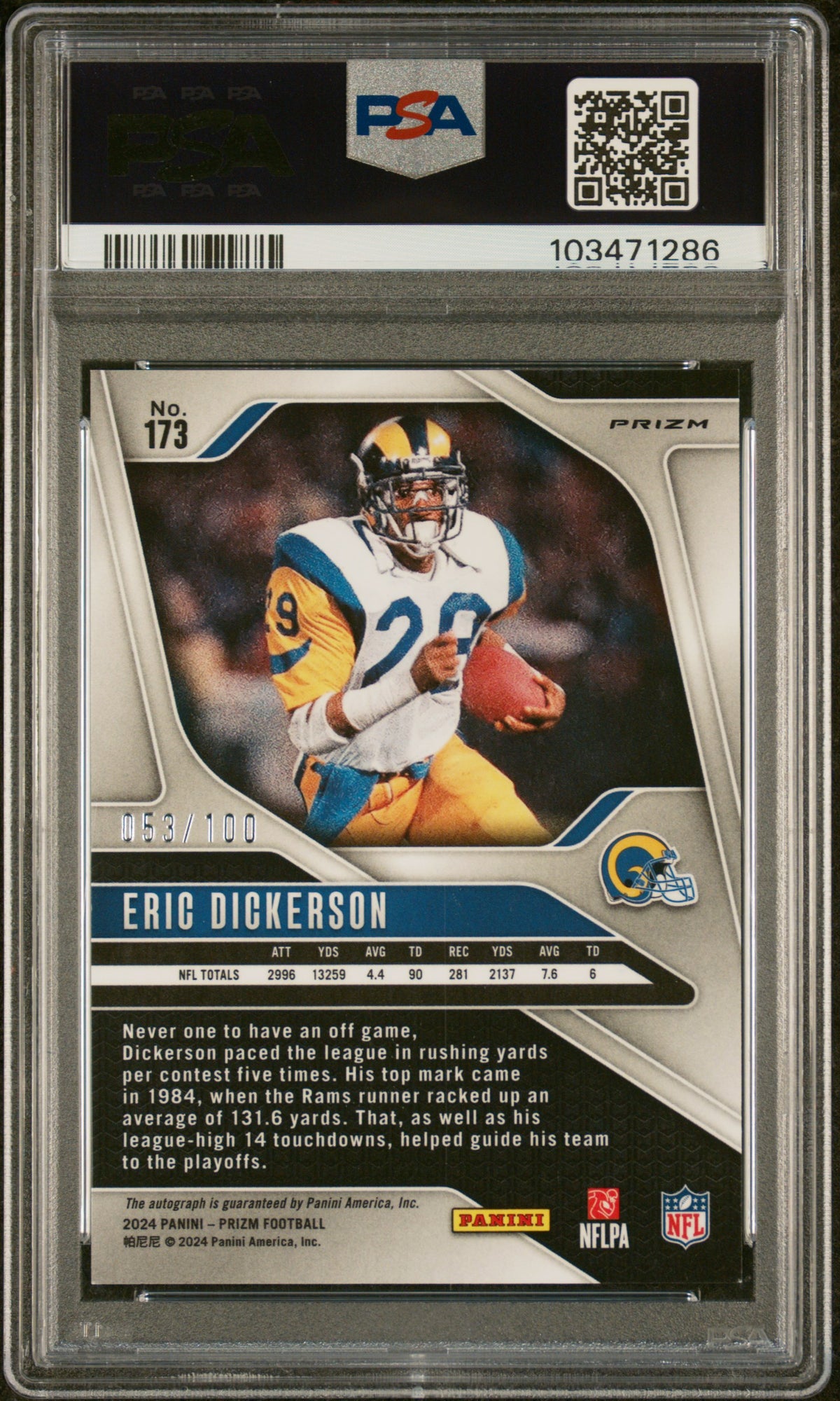 2024 Panini Prizm Eric Dickerson #173 Autograph Choice PSA 9