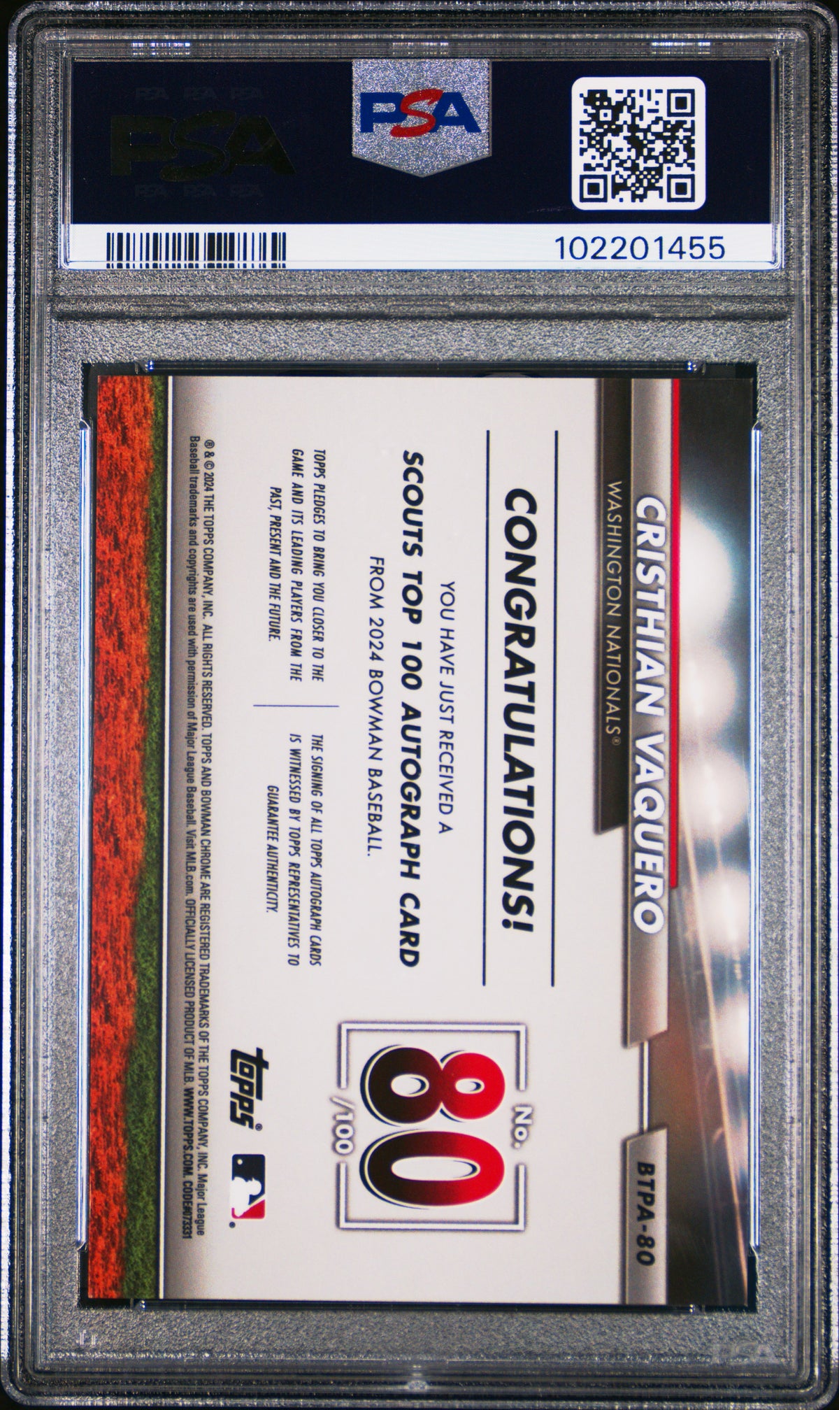 2024 Bowman Bowman Scouts' Top 100 Auto Cristhian Vaquero #80 Gold /100 PSA