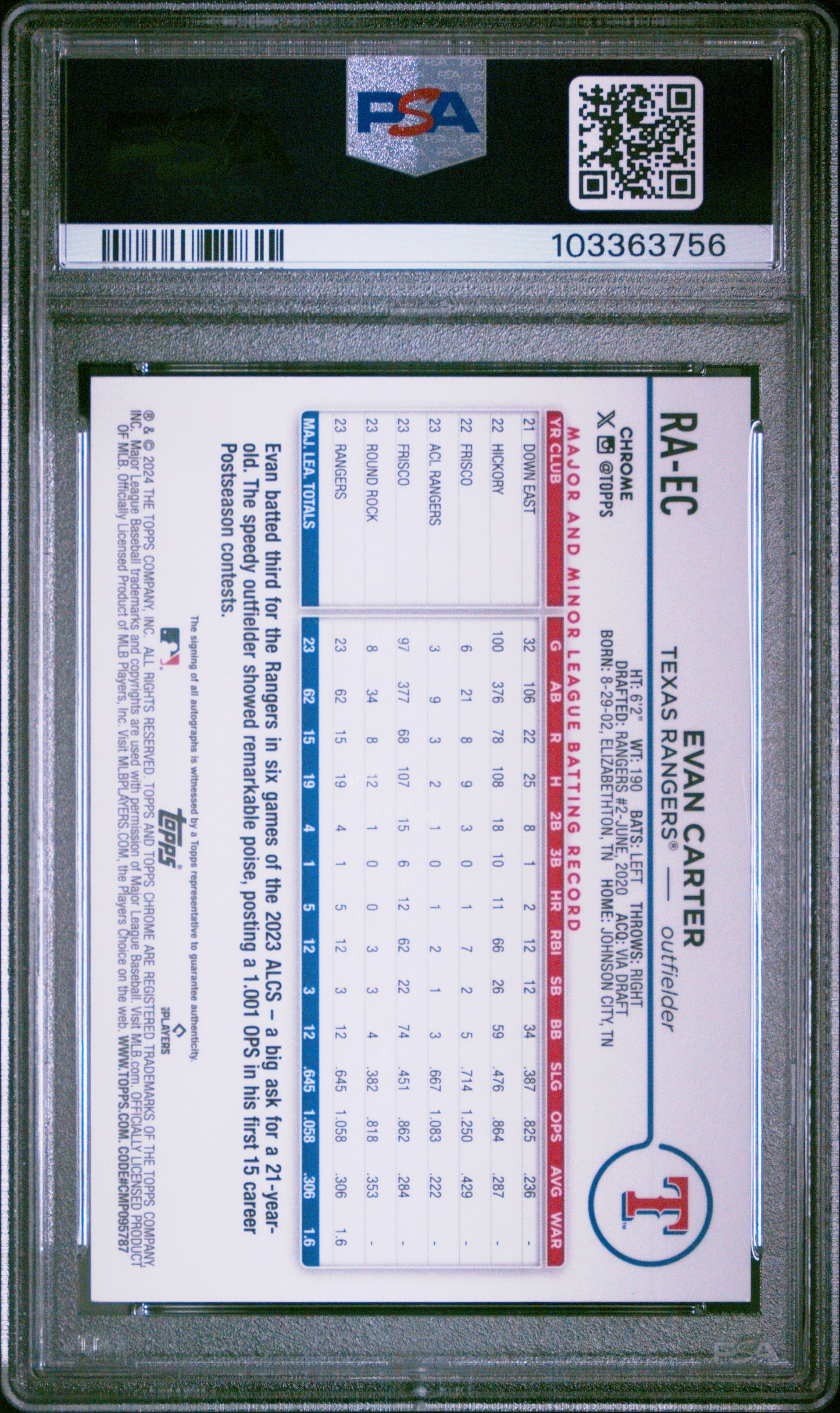 2024 Topps Chrome Update Chrome Rookie Autographs Evan Carter #RAEC PSA 9