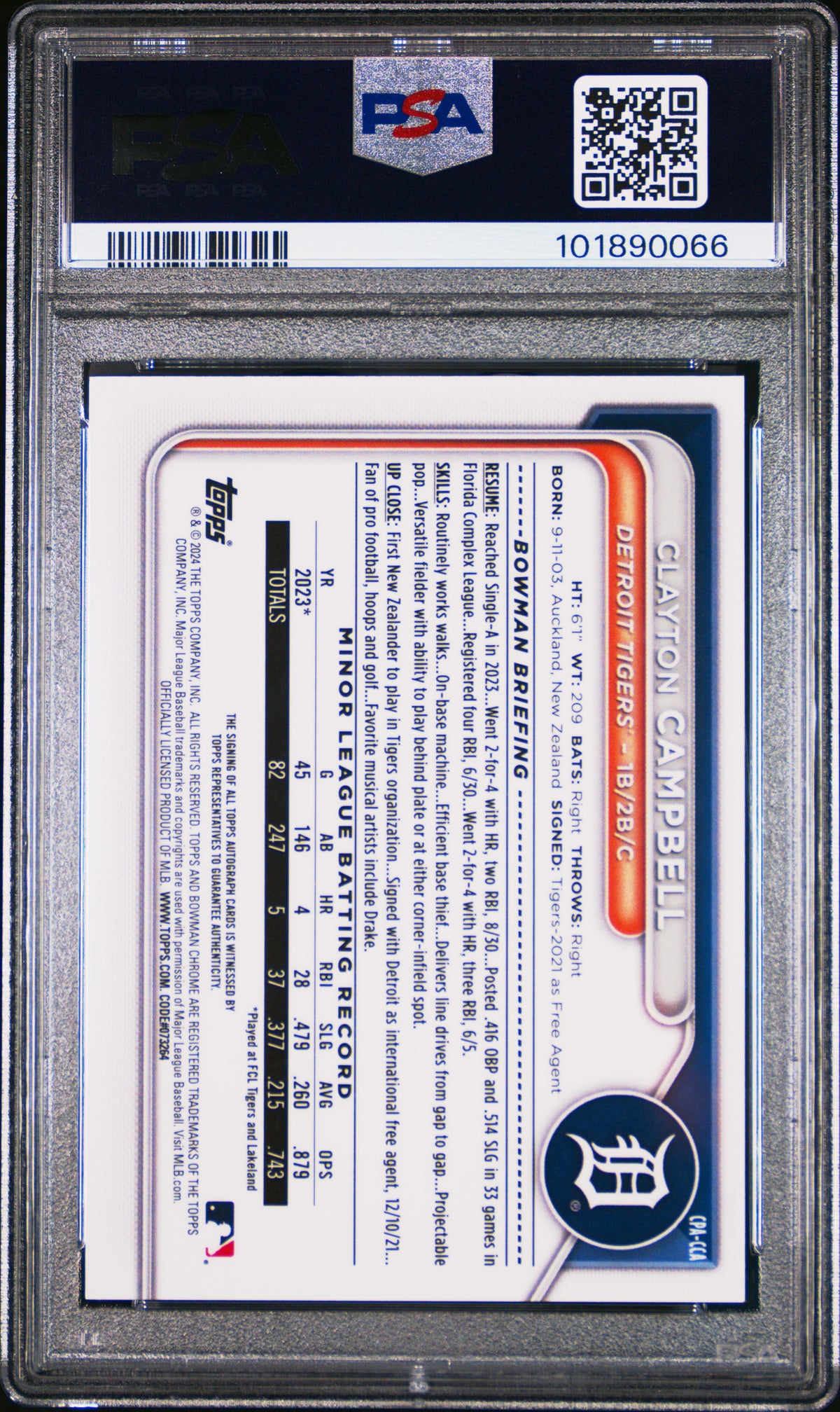 2024 Bowman Chrome Prospect Auto Clayton Campbell #CPACCA Green Ref /99 PSA 9