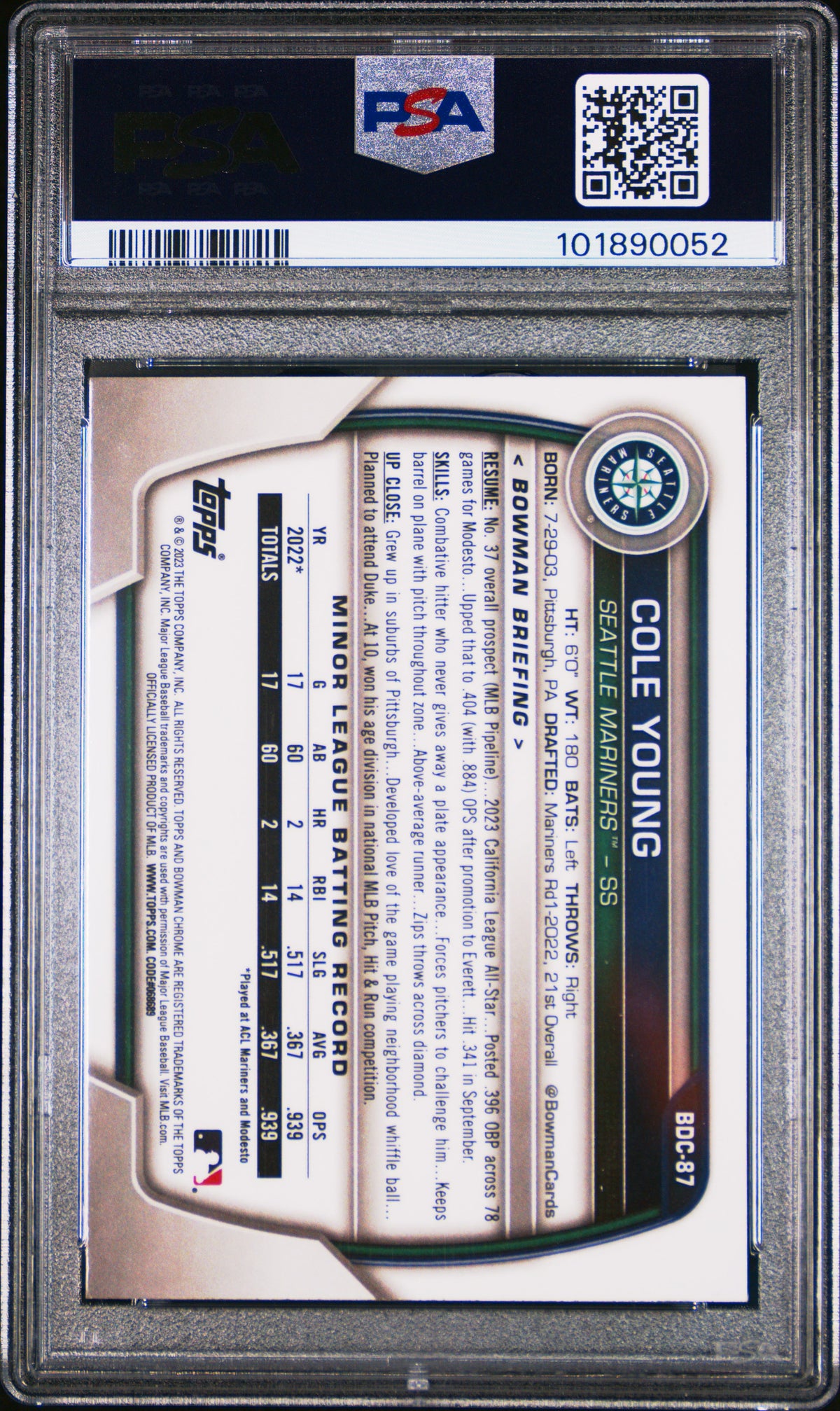 2023 Bowman Draft Cole Young #BDC87 Chrome Fuchsia Lunar Ref 155/199 PSA 9