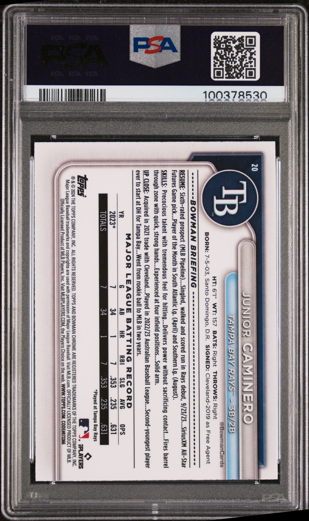 2024 Bowman Mega Box Chrome Junior Caminero #20 Pink Refractor 190/199 PSA 8