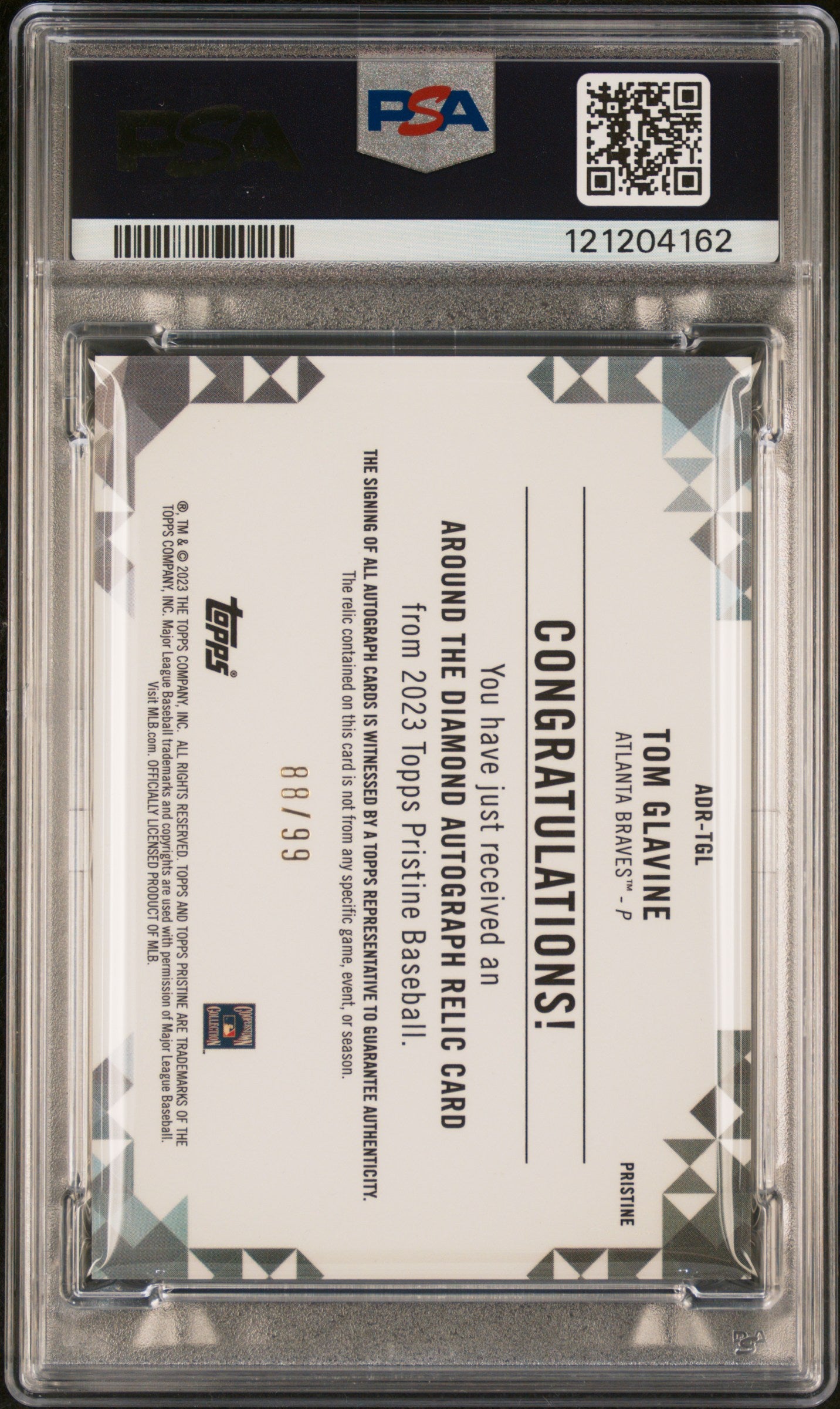 2023 Topps Pristine Around The Diamond Autograph Relics Tom Glavine #ADRTGL Arnd RLC PSA 9 Auto 10