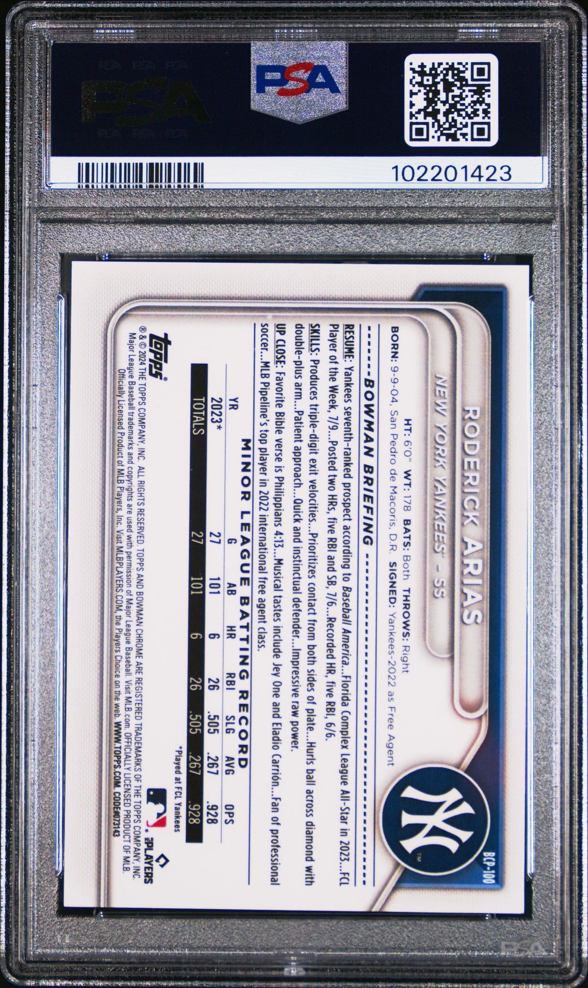 2024 Bowman Sapphire Chrome Prospects Roderick Arias #BCP100 Yellow/75 PSA 9