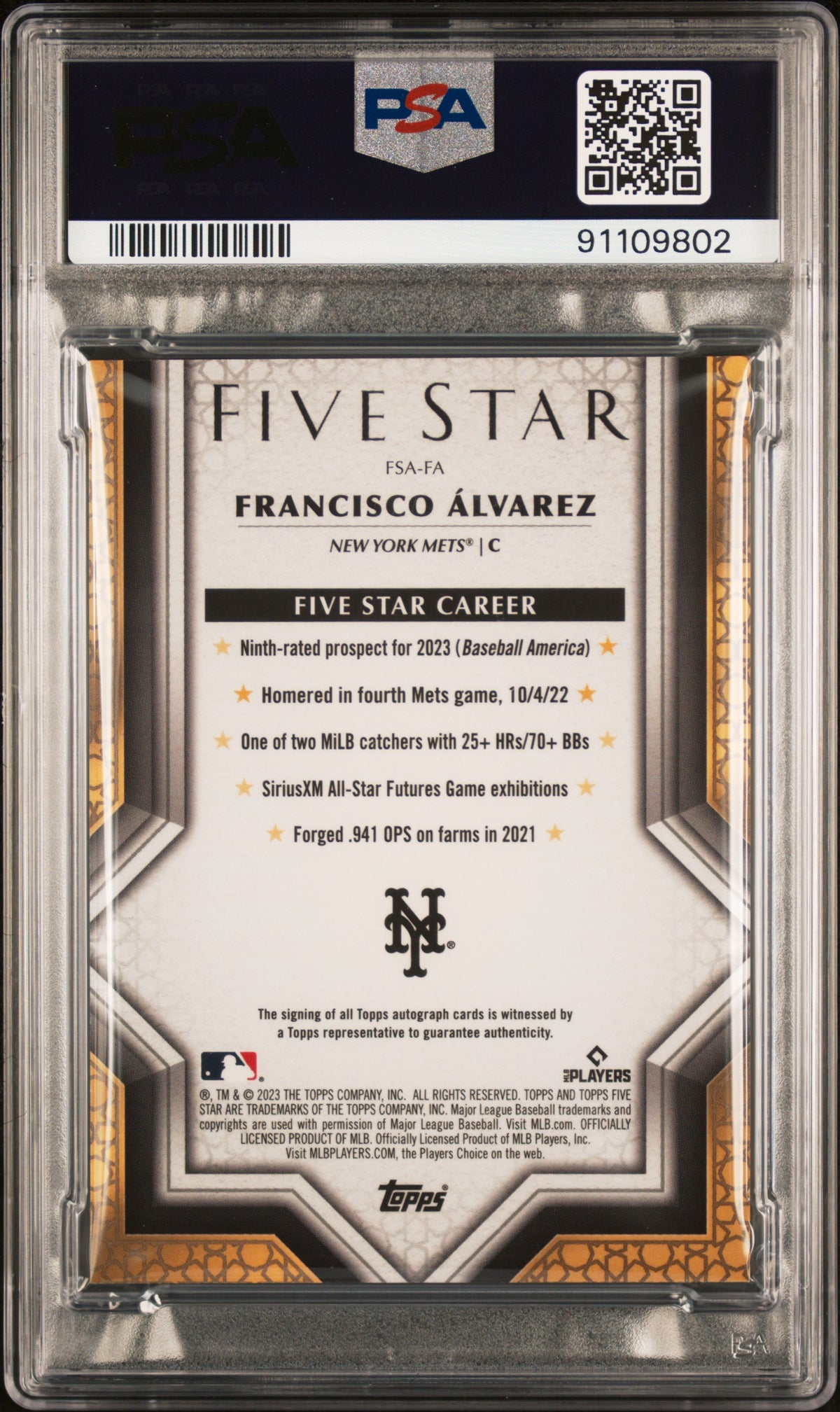 2023 Topps Five Star Autographs Francisco Alvarez #FSAFA PSA 9